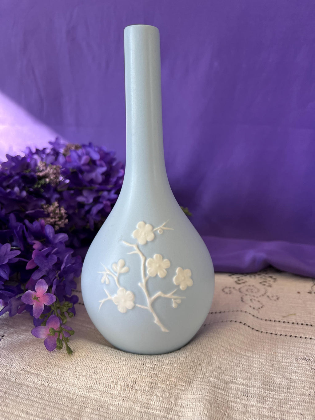 Vintage Copeland Spode Geisha Bud Vase – Blue Cherry Blossom Relief England
