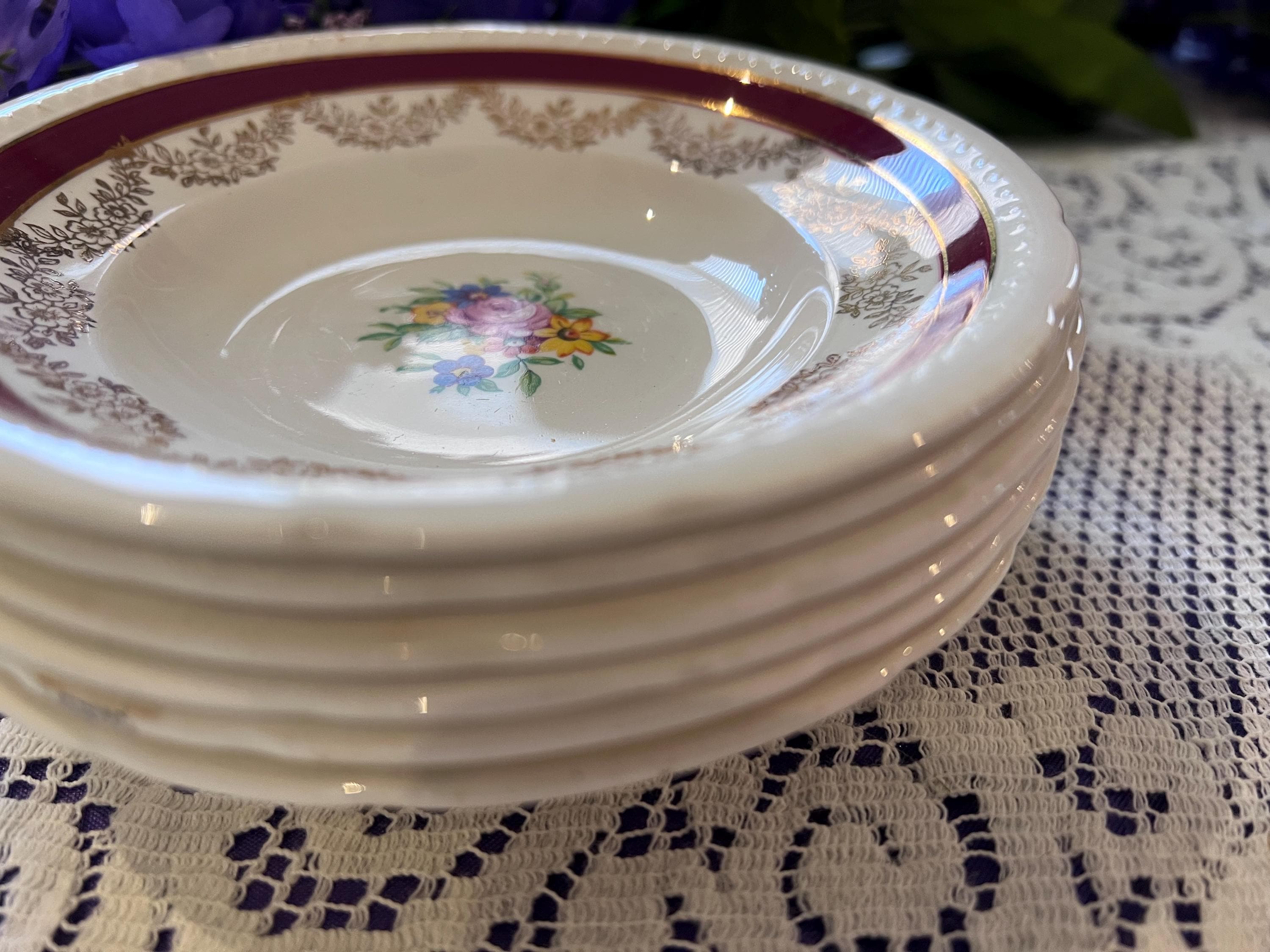 Set of 6 Vintage Swinnertons Majestic Vellum Berry Bowls – Maroon Gold Filigree Nappies