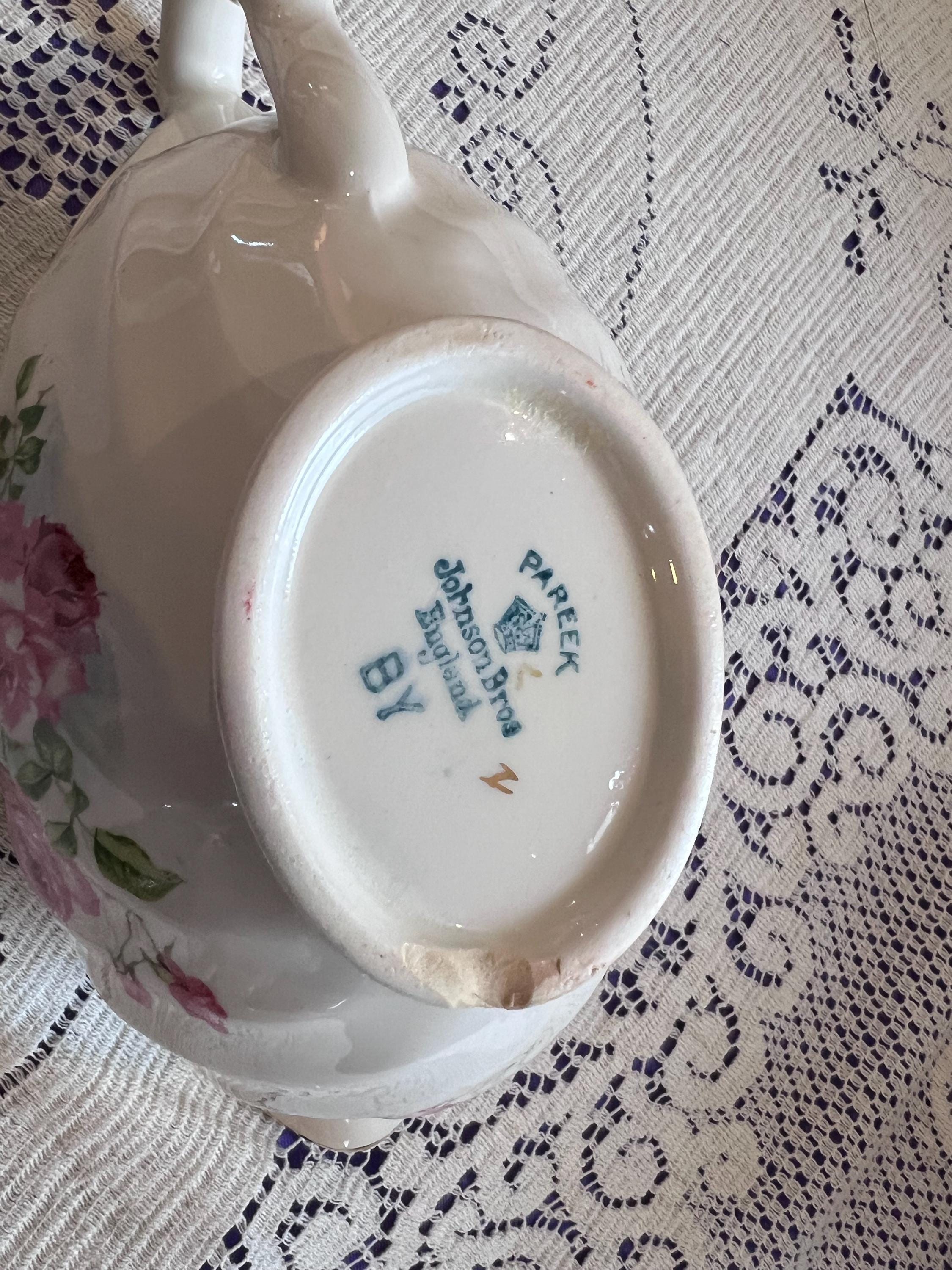 Antique Johnson Bros Old Chelsea Serving Set – Pink Rosebud Tureen, Platter, Gravy Boat