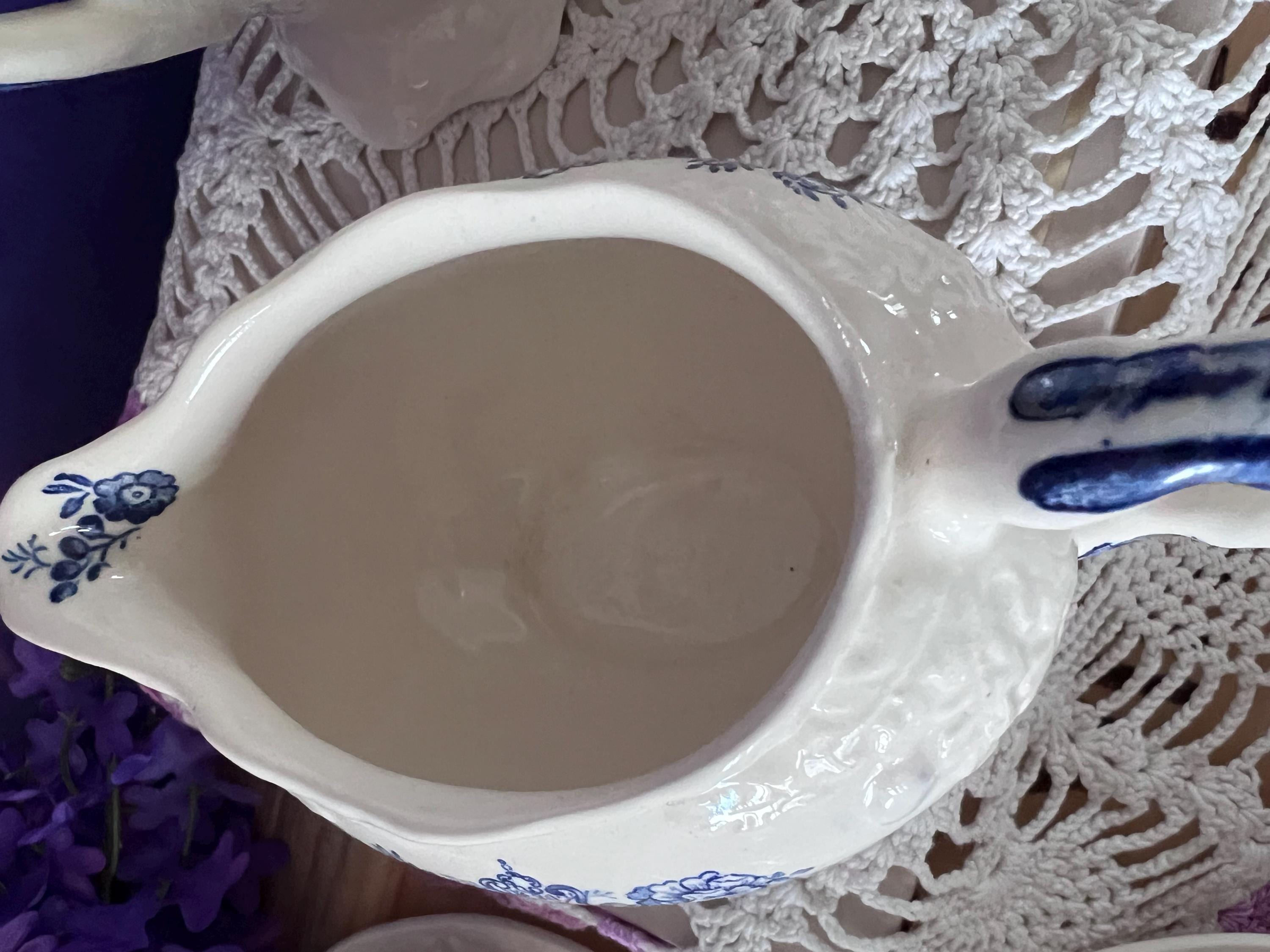 Vintage Mason’s "Ascot on Oak" Blue Transferware Tea Set - Teapot, Creamer, Sugar Bowl, and 6 Cup/Saucer Sets - Made in England