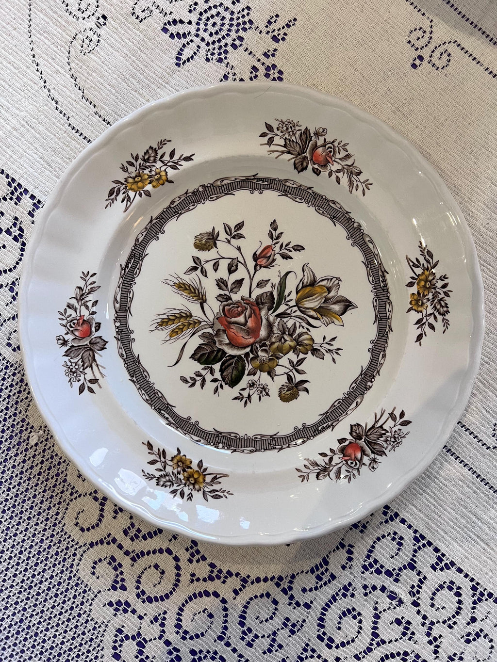 Vintage Wood & Sons Rosedale Plates – Hand Engraved Floral English Ironstone Set