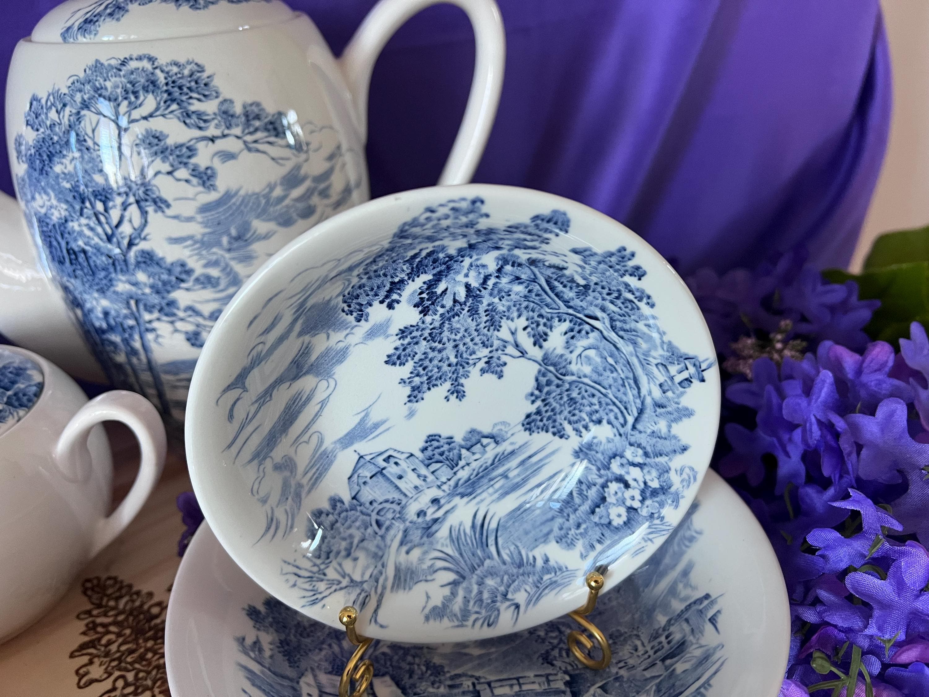 Rare Enoch Wedgwood Countryside Blue Transferware - Complete 65 -Piece Dinner Service for 12 - English Ironstone