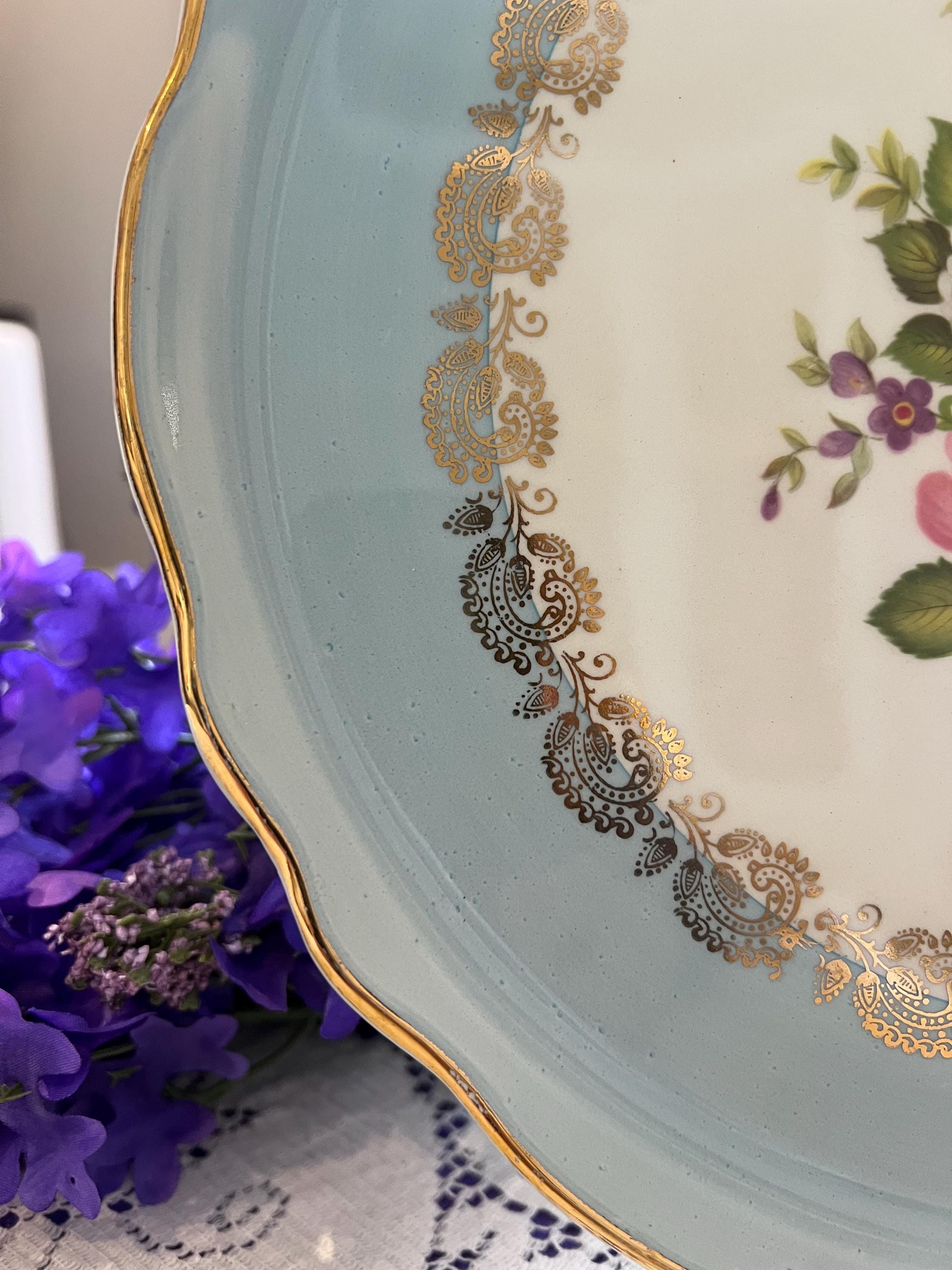Vintage Old Foley Harmony Rose Cake Plate – Blue Border, Gold Filigree, Scalloped Serving Platter