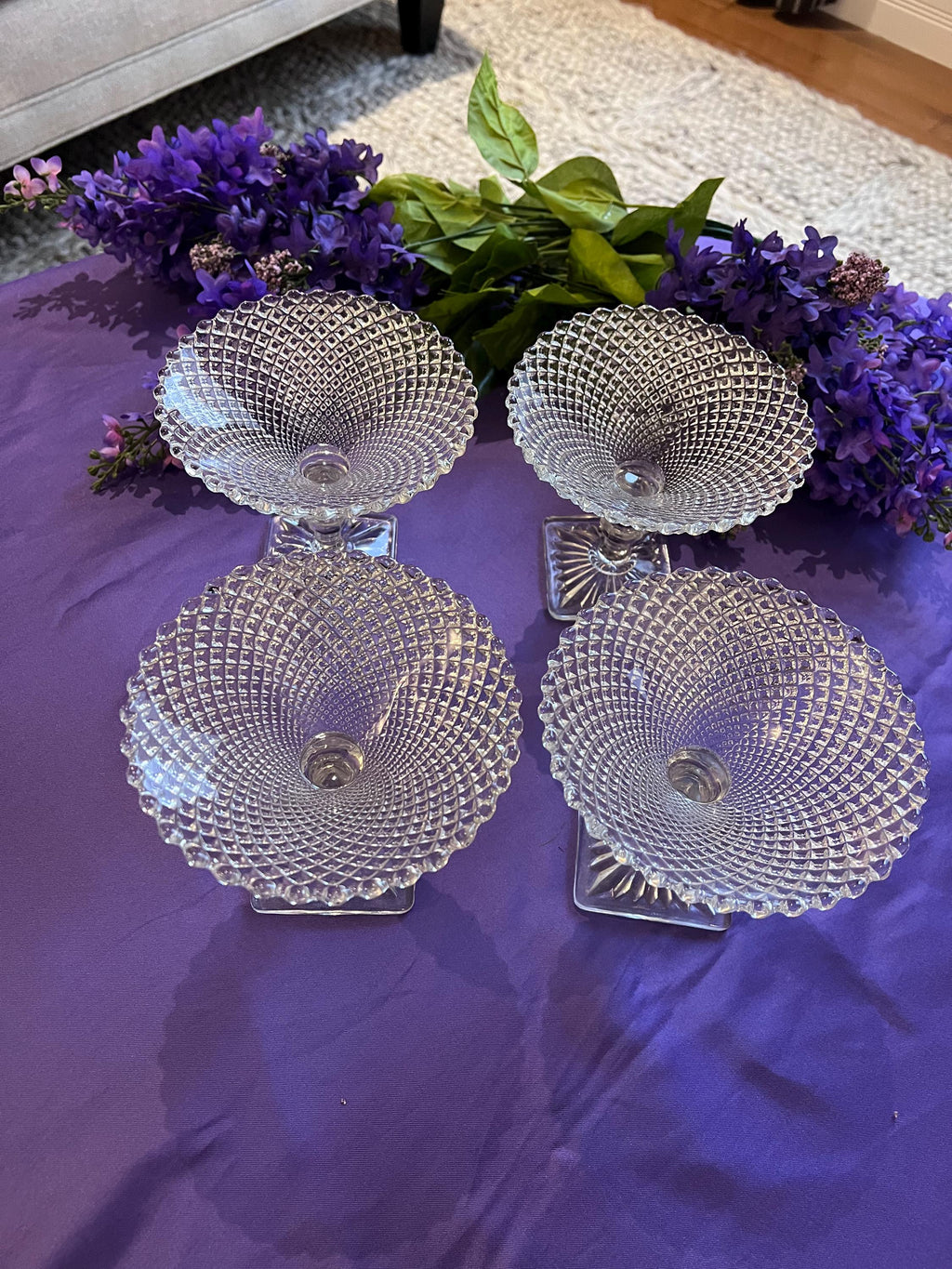 Set of 4 Vintage Diamond Point Glass Champagne Coupes – Square Pedestal Base Sherbet Dishes