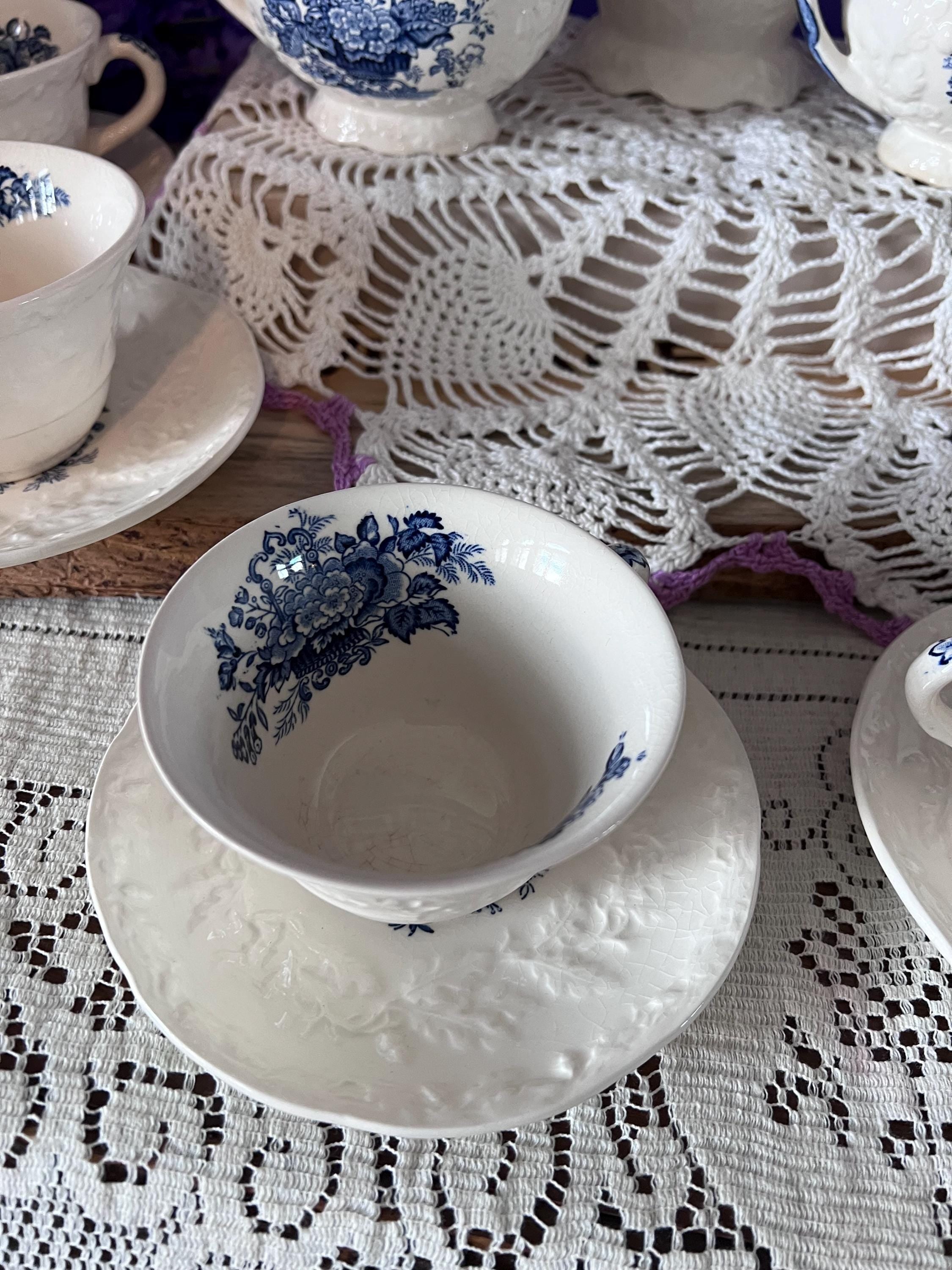 Vintage Mason’s "Ascot on Oak" Blue Transferware Tea Set - Teapot, Creamer, Sugar Bowl, and 6 Cup/Saucer Sets - Made in England