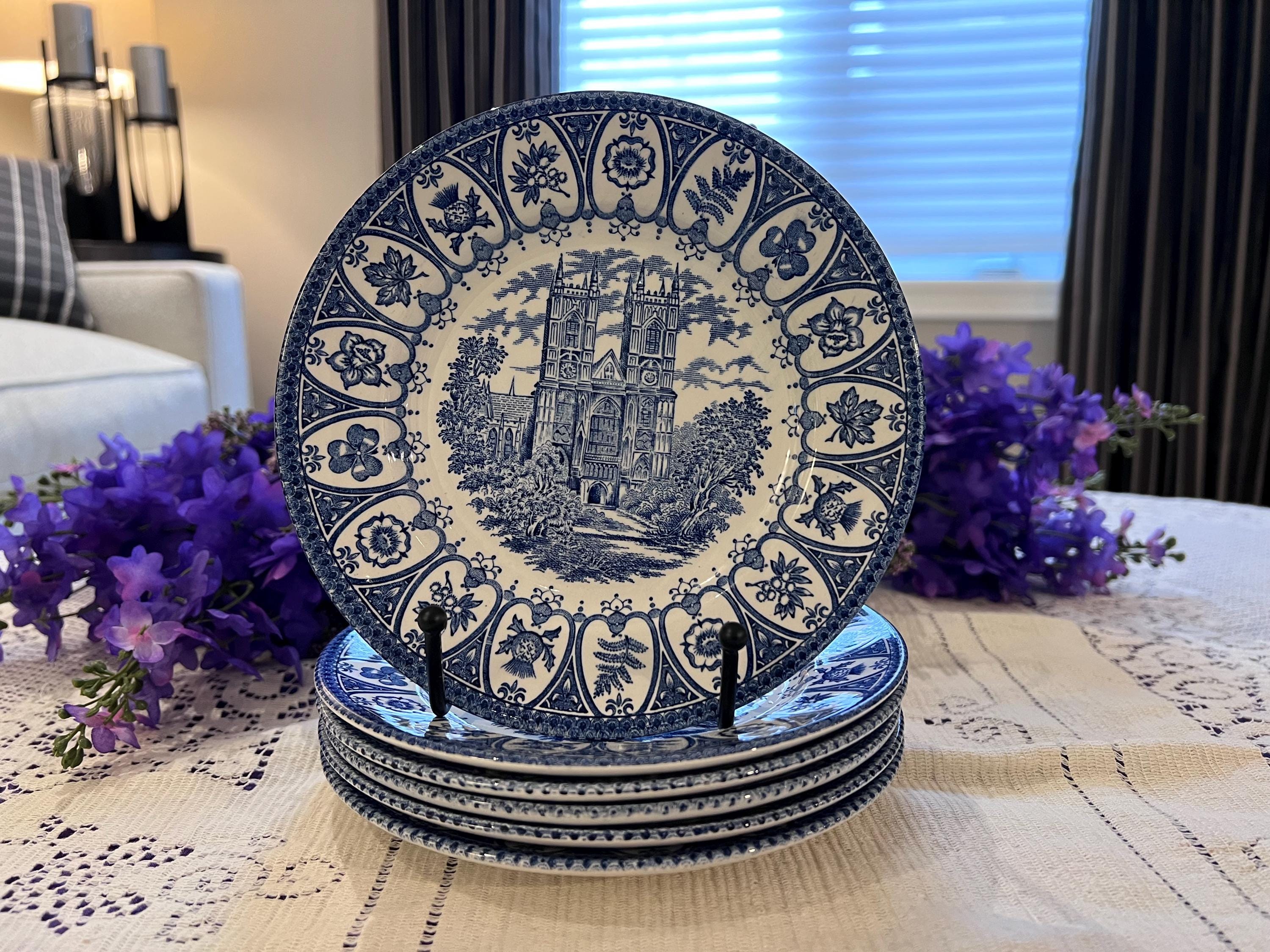 Set of 6 Vintage Broadhurst Ironstone Plates – Westminster Abbey Blue Transferware England