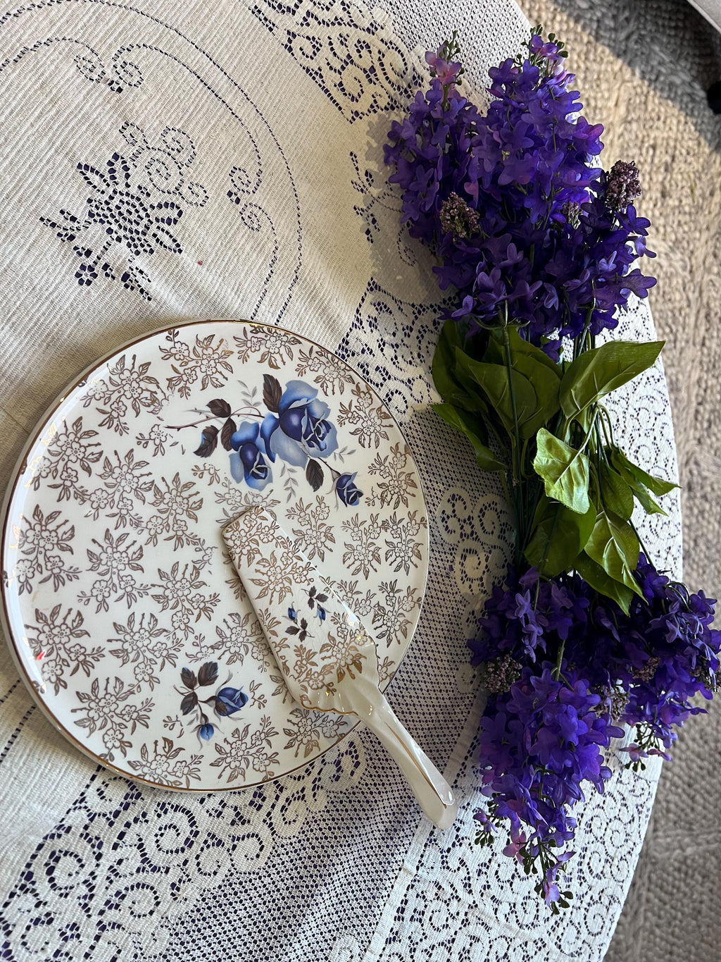 Vintage H. Aynsley Blue Rose Chintz Cake Plate Server Set | Staffordshire England 1950s
