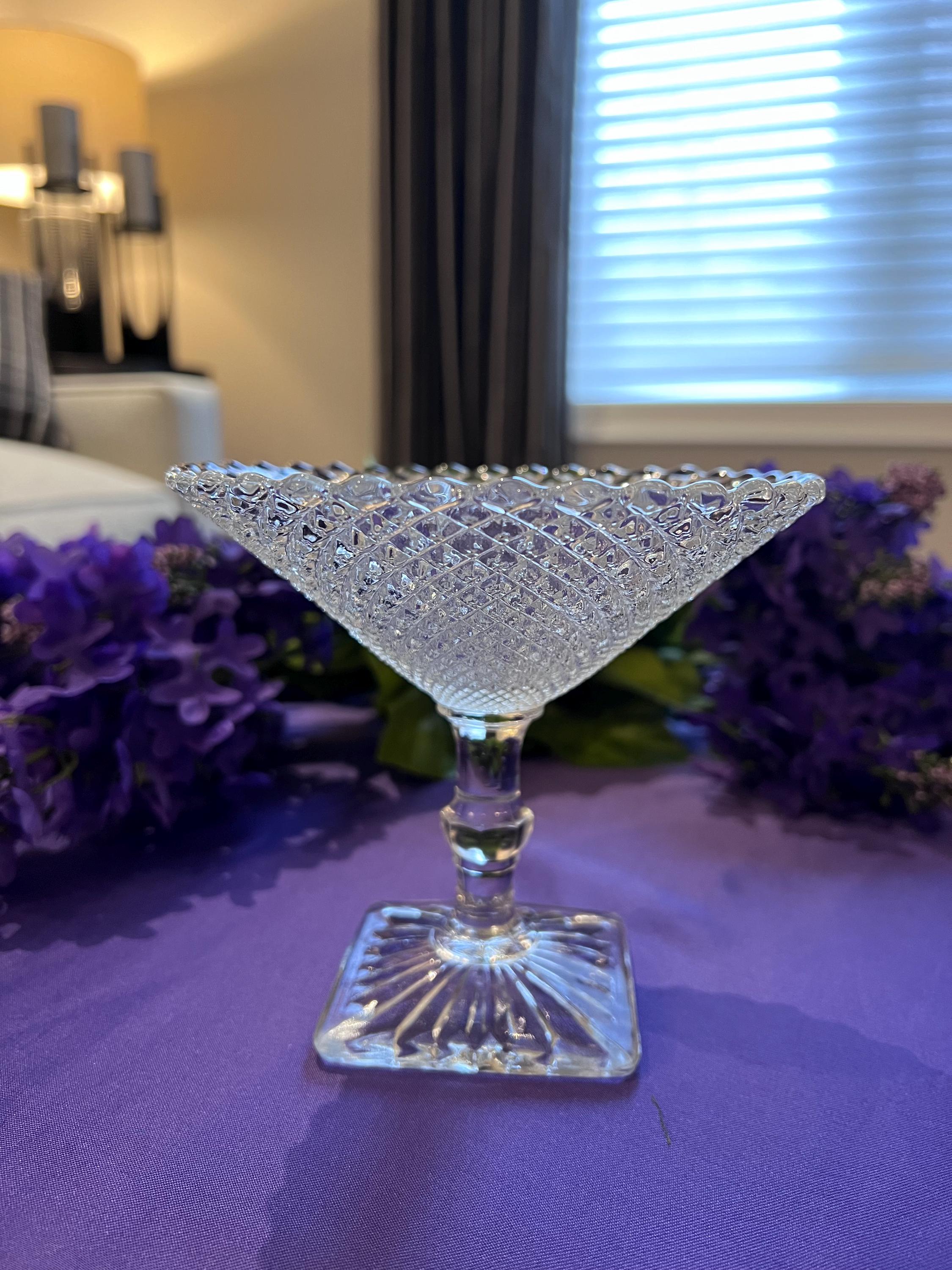 Set of 4 Vintage Diamond Point Glass Champagne Coupes – Square Pedestal Base Sherbet Dishes