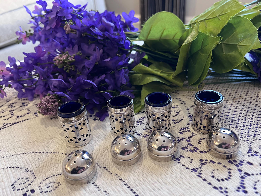 Vintage Cobalt Blue & Silver-Plated Salt Shakers – Set of 4