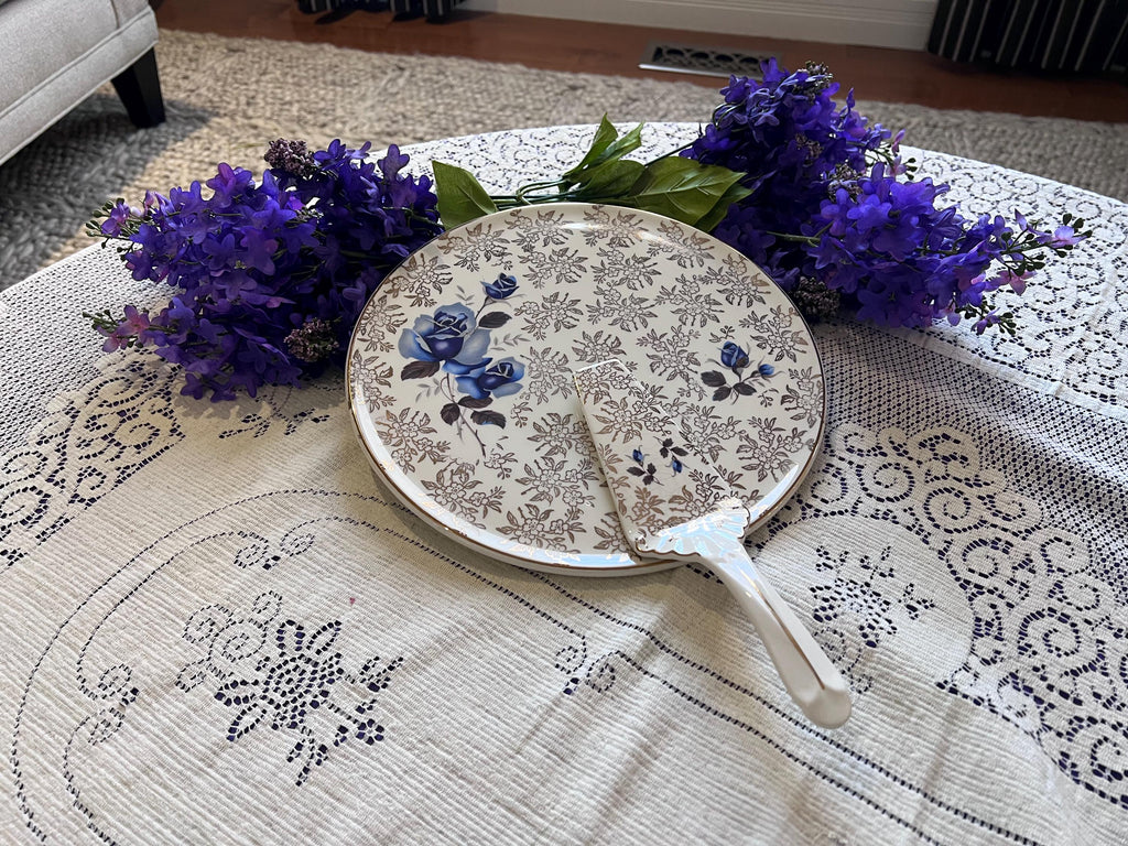 Vintage H. Aynsley Blue Rose Chintz Cake Plate Server Set | Staffordshire England 1950s
