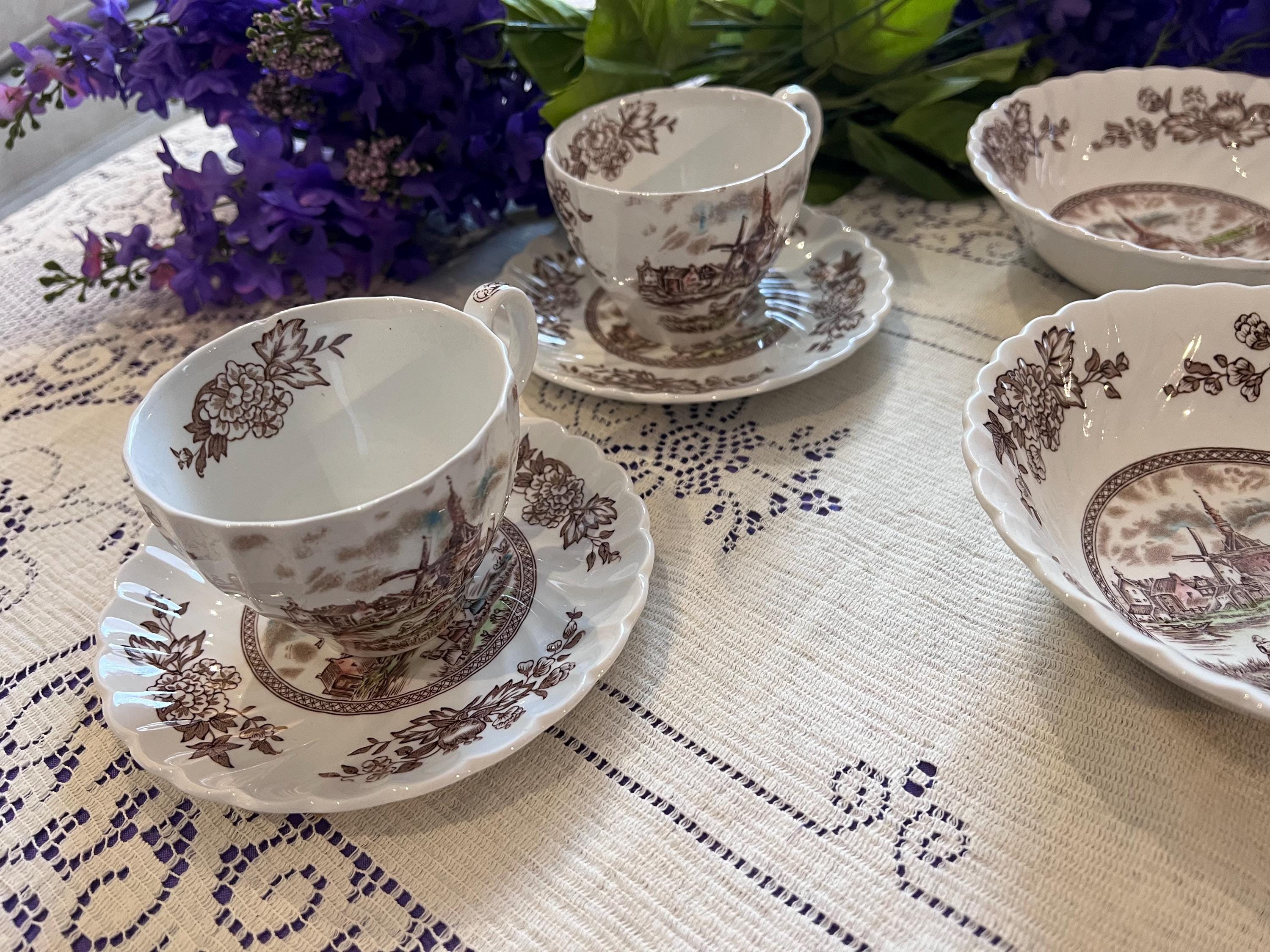 Johnson Brothers Tulip Time Breakfast Set | Brown Transferware Mugs, Saucers, Bowls