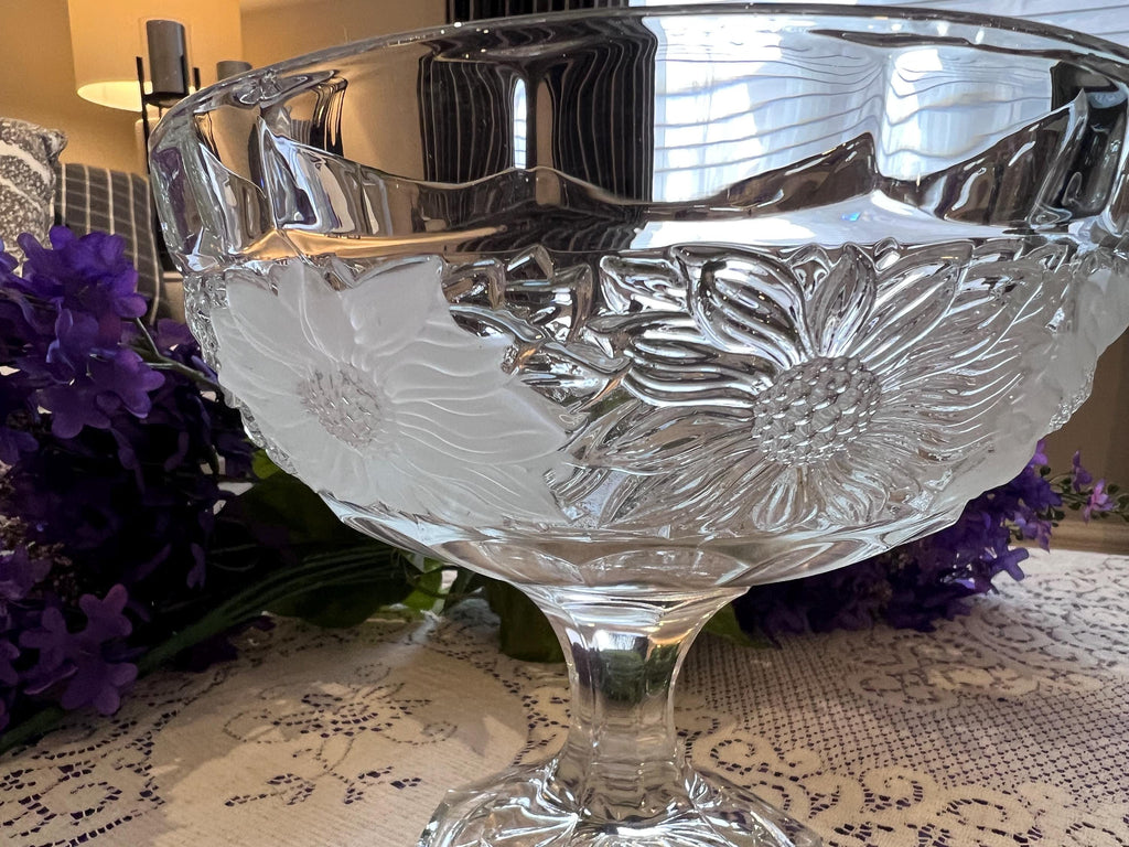 Vintage Walther Glas Erika Frosted Floral Footed Bowl | German Art Glass Pedestal Centerpiece