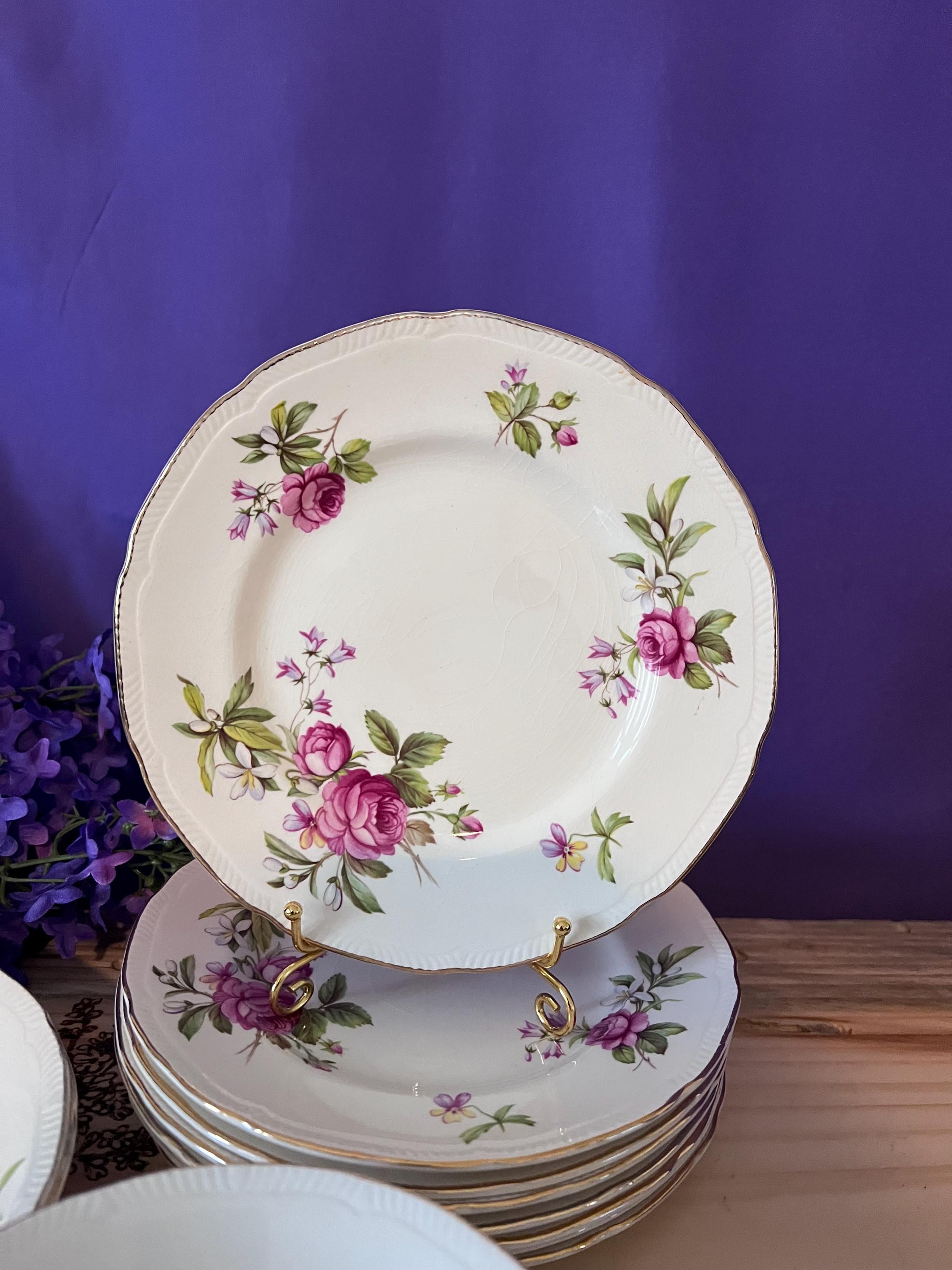 Vintage Ridgway Summer Glory Ironstone Set – Pink Cabbage Rose & Bluebells – Made in Staffordshire England – 22kt Gold Trim