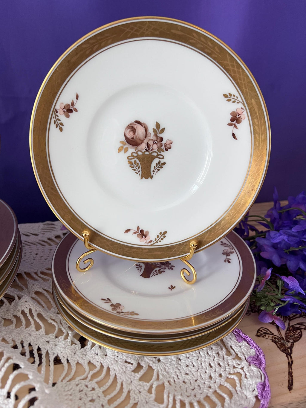 Vintage Royal Copenhagen Porcelain Plates | Set of 8 | Gilded Flower Basket