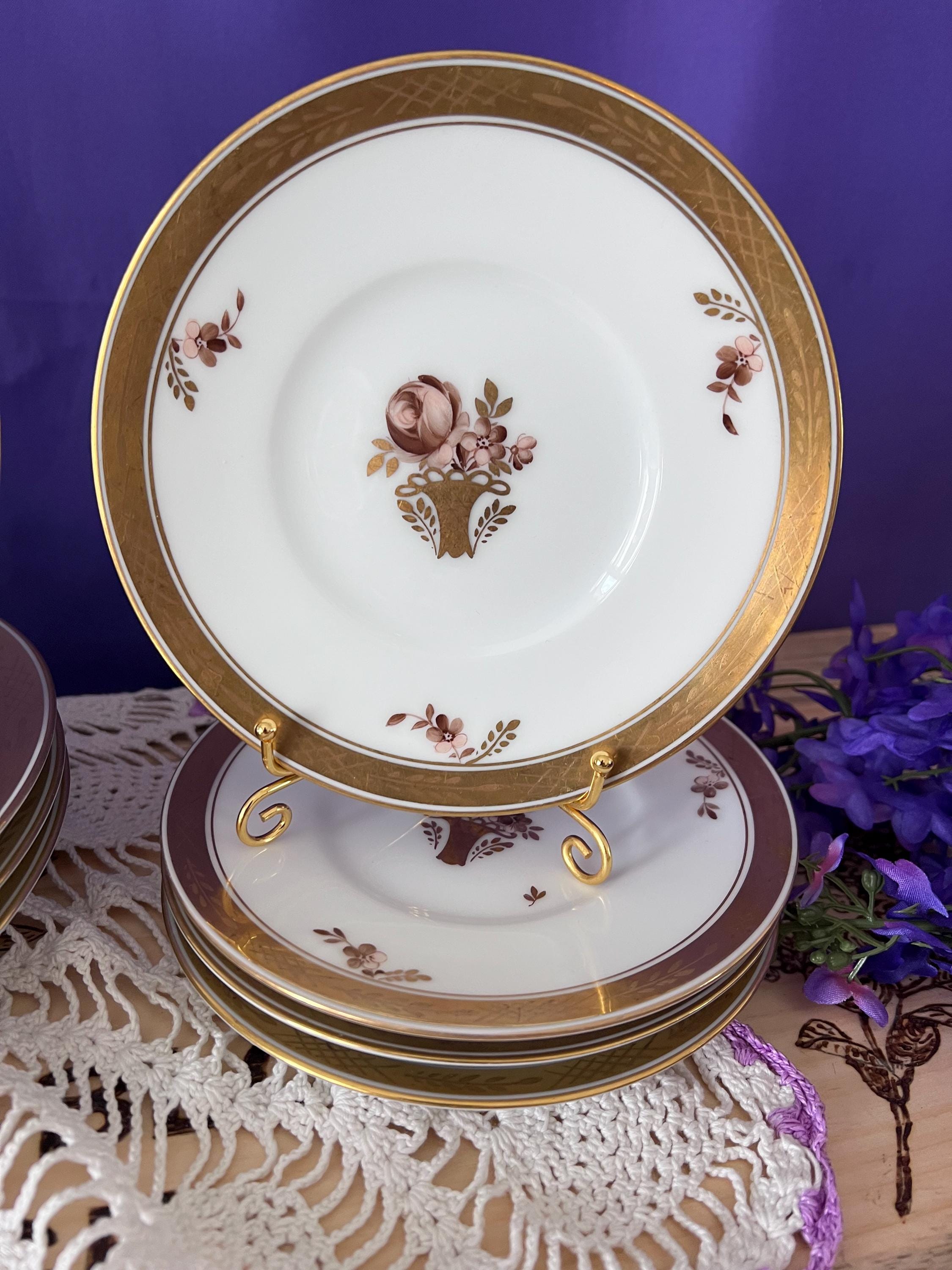 Vintage Royal Copenhagen Porcelain Plates | Set of 8 | Gilded Flower Basket