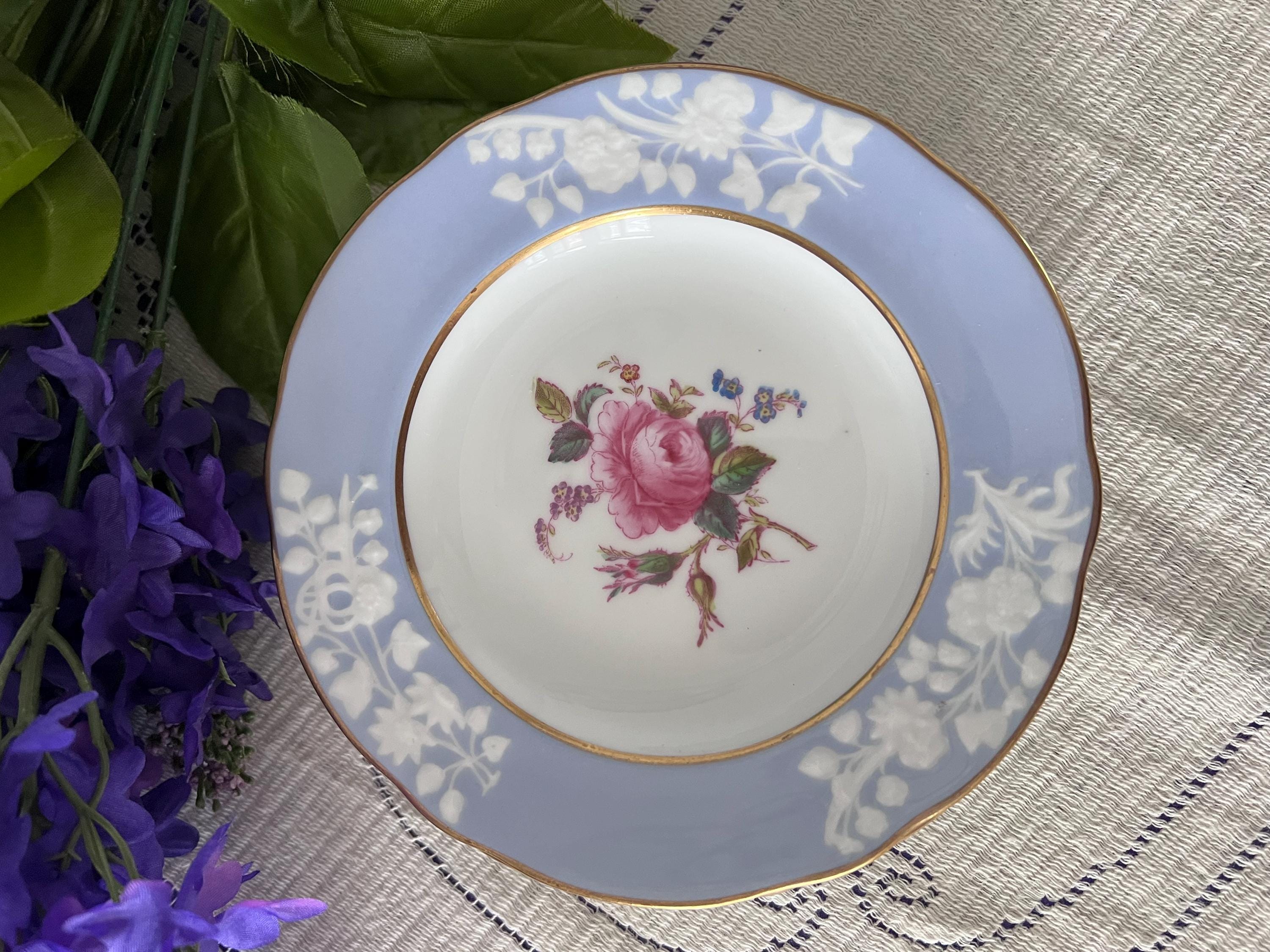 Pristine Spode Copeland "Maritime Rose" Dessert Service | Rare Periwinkle & Jewel-Embossed Fine Bone China