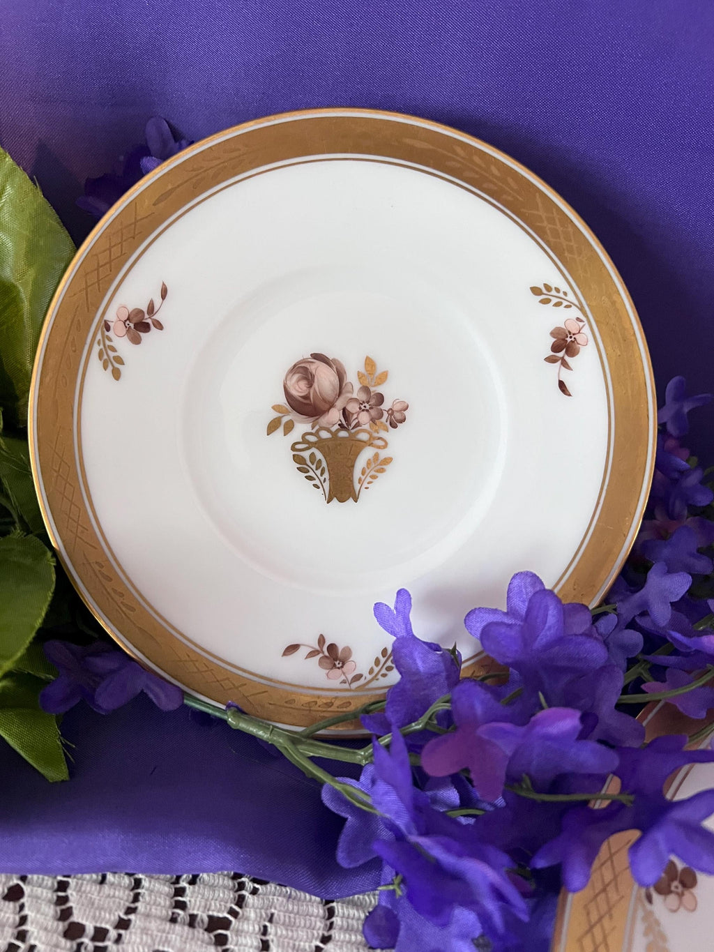 Vintage Royal Copenhagen Porcelain Plates | Set of 8 | Gilded Flower Basket