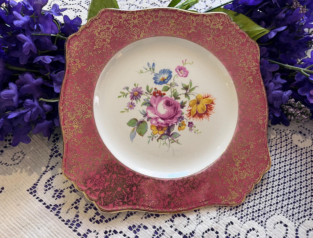Royal Winton Grimwades Claret Gold Chintz Square Plate | Hand-Painted Floral Center, Filigree Border