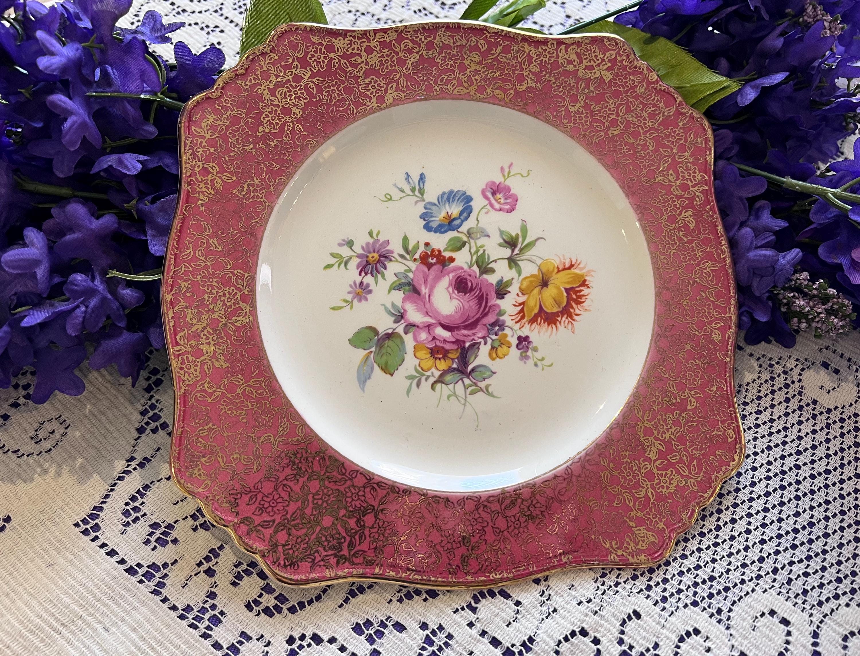 Royal Winton Grimwades Claret Gold Chintz Square Plate | Hand-Painted Floral Center, Filigree Border