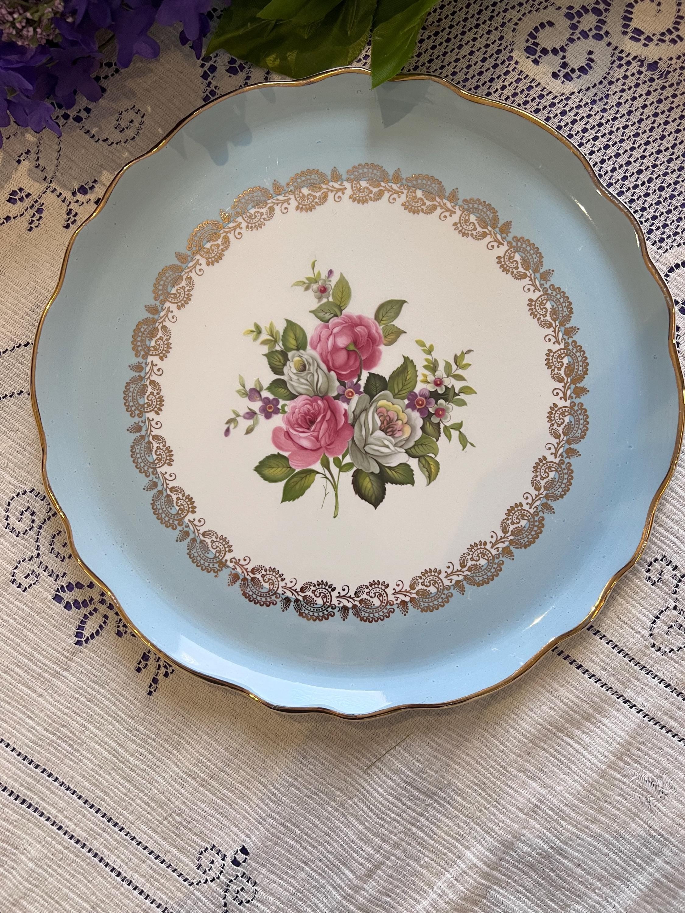 Vintage Old Foley Harmony Rose Cake Plate – Blue Border, Gold Filigree, Scalloped Serving Platter