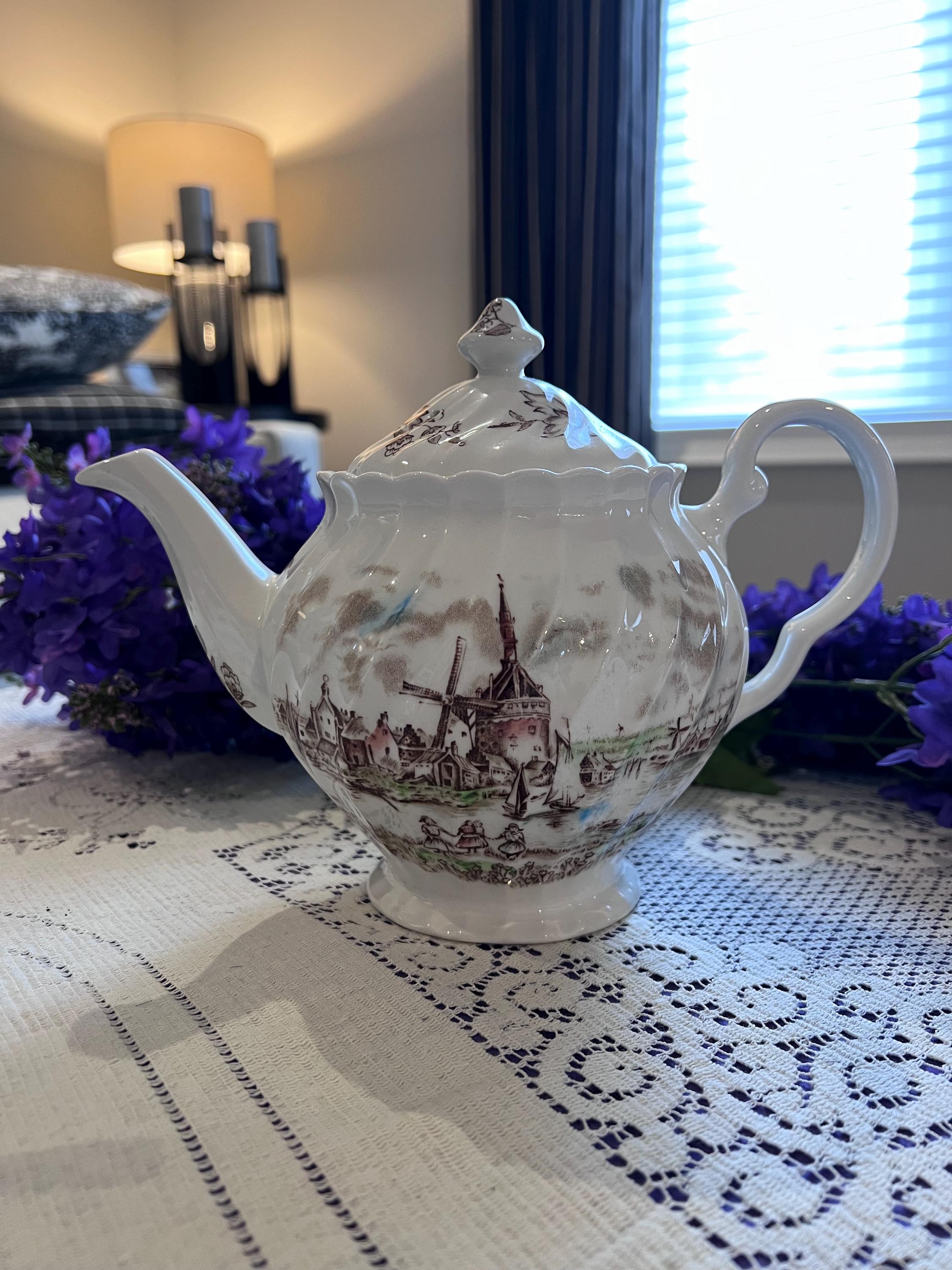 Rare Johnson Brothers Tulip Time Teapot Set | Brown Transferware, Made in England