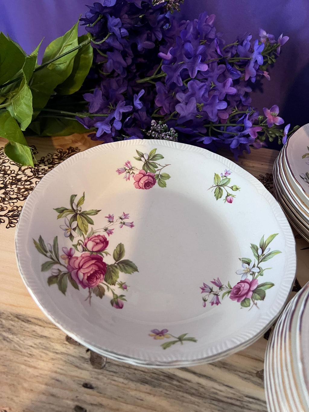 Vintage Ridgway Summer Glory Ironstone Set – Pink Cabbage Rose & Bluebells – Made in Staffordshire England – 22kt Gold Trim