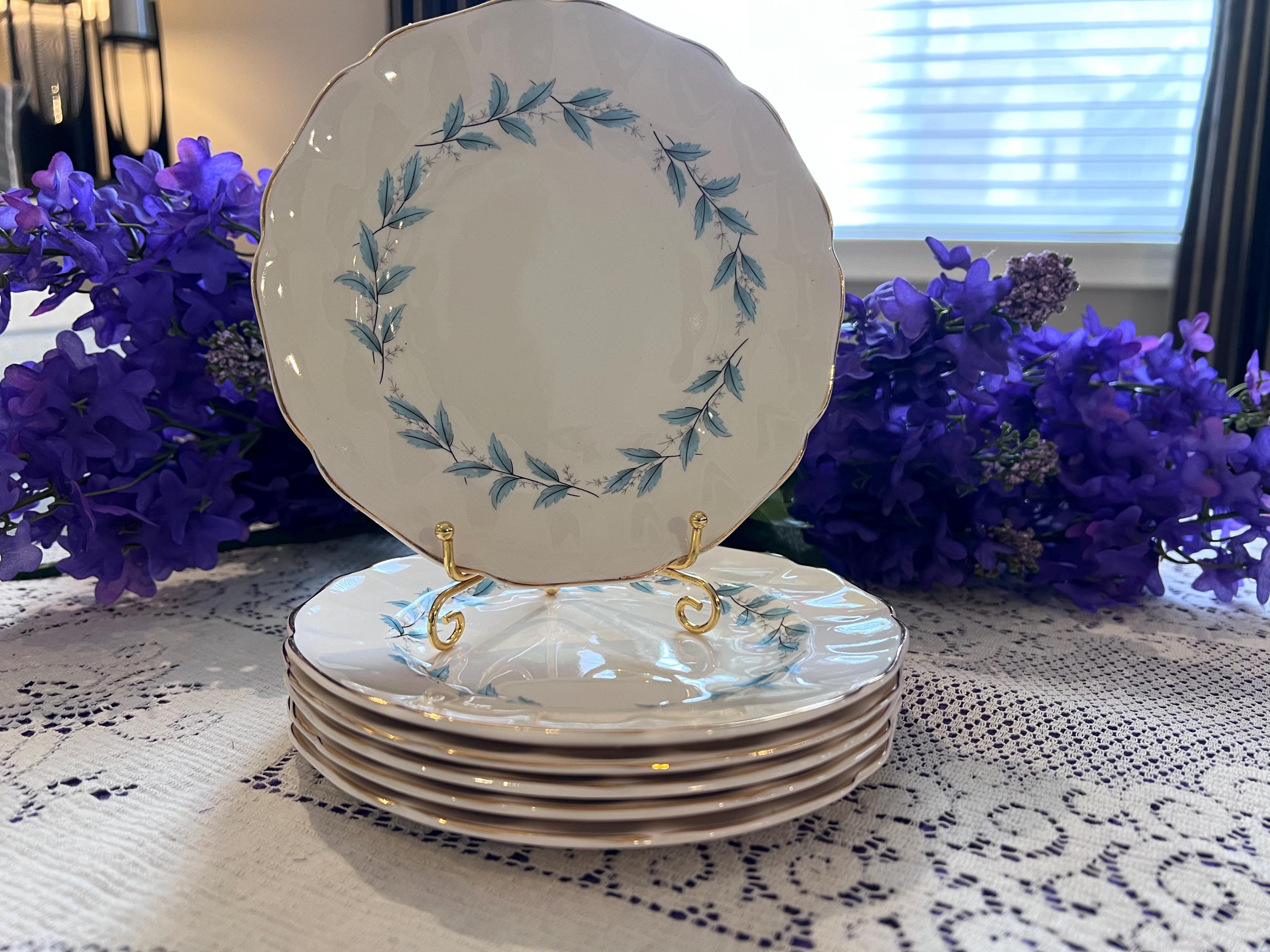 Set of 6 Vintage Sovereign Potters Blue Wreath Dessert Plates | Made England Decorated Canada