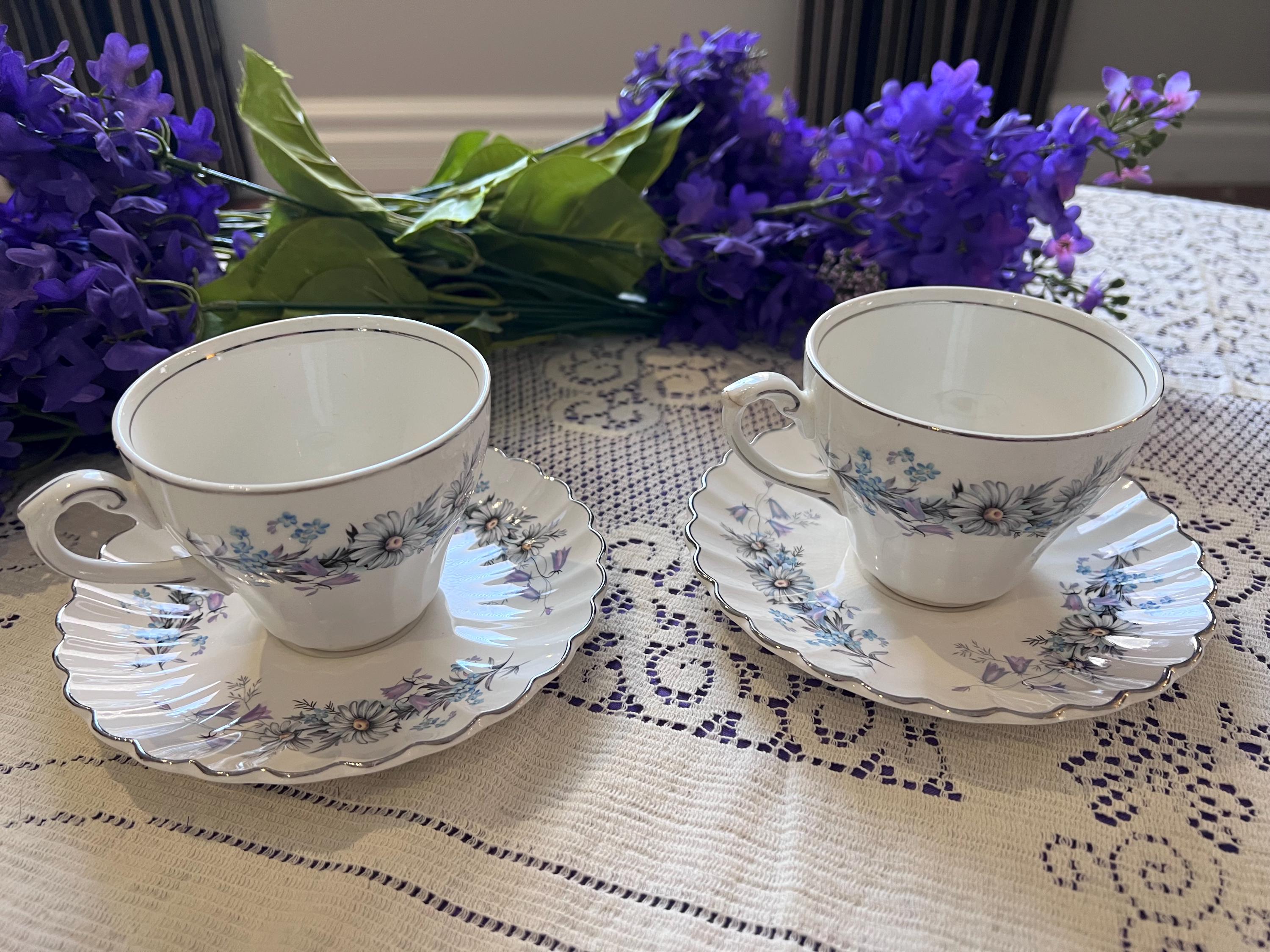Vintage J&G Meakin Teacup and Saucer Set – Blue Floral English Ironstone (Set of 2)