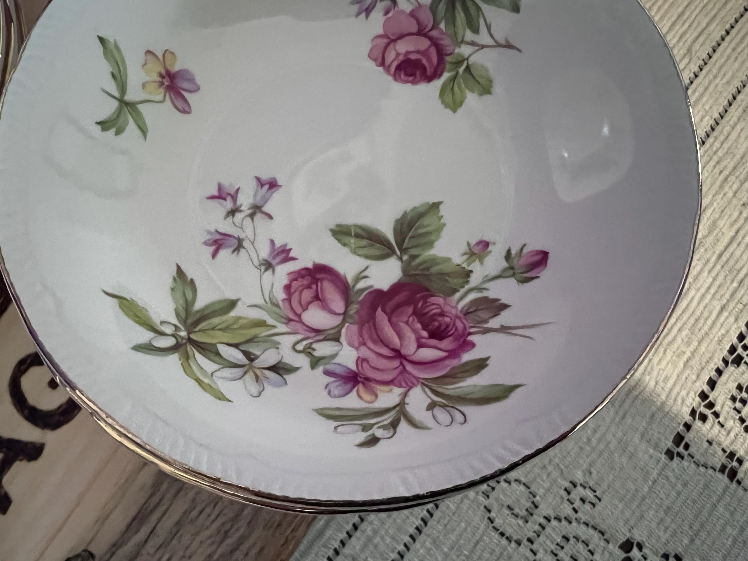 Vintage Ridgway Summer Glory Ironstone Set – Pink Cabbage Rose & Bluebells – Made in Staffordshire England – 22kt Gold Trim
