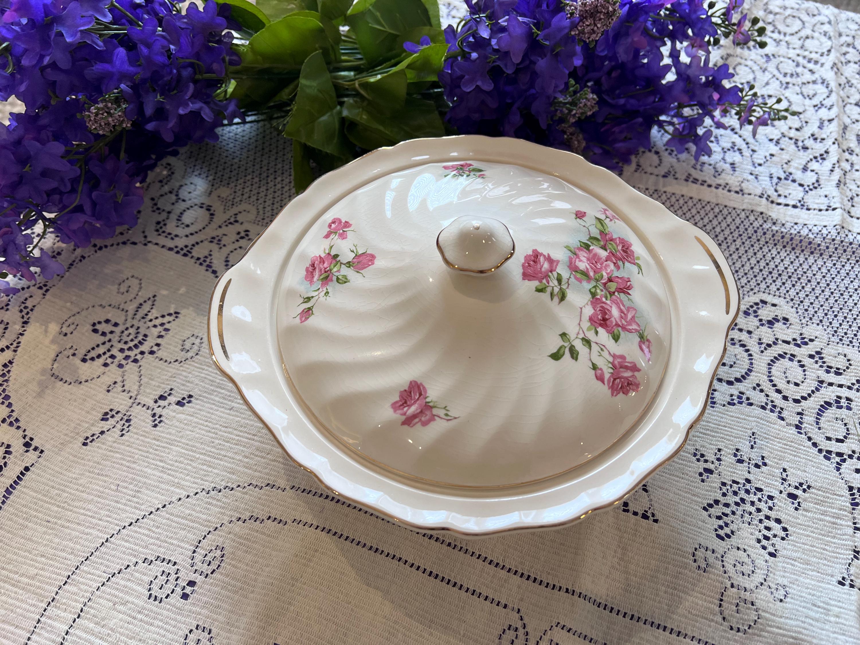 Antique Johnson Bros Old Chelsea Serving Set – Pink Rosebud Tureen, Platter, Gravy Boat