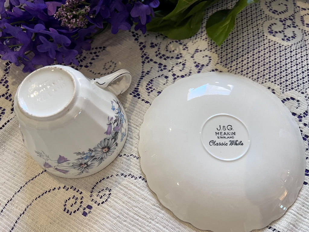 Vintage J&G Meakin Teacup and Saucer Set – Blue Floral English Ironstone (Set of 2)