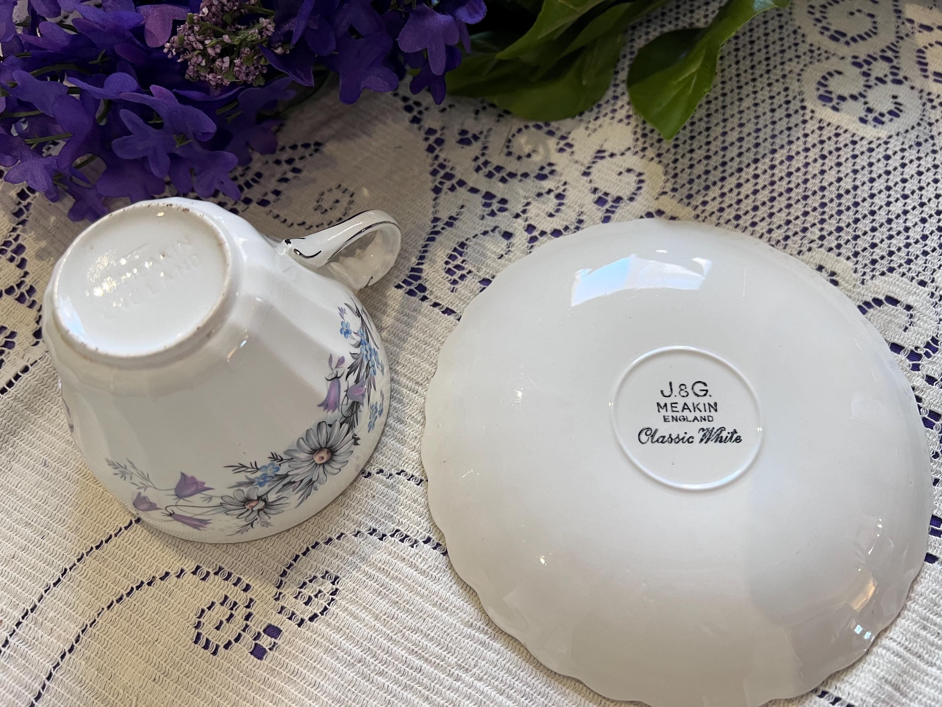 Vintage J&G Meakin Teacup and Saucer Set – Blue Floral English Ironstone (Set of 2)