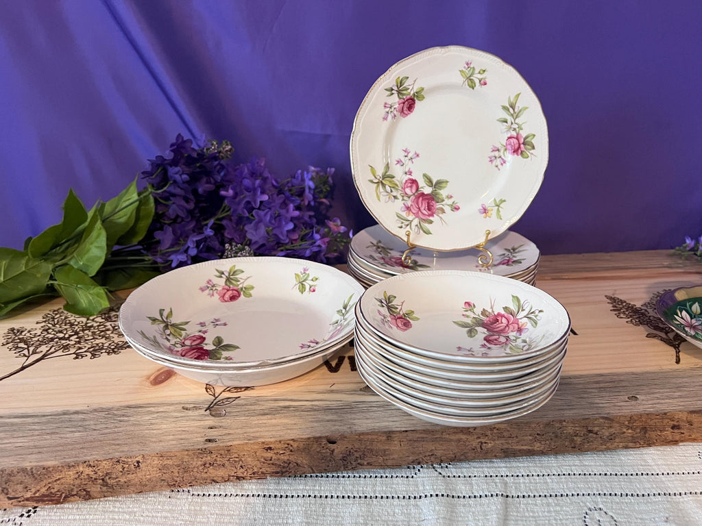 Vintage Ridgway Summer Glory Ironstone Set – Pink Cabbage Rose & Bluebells – Made in Staffordshire England – 22kt Gold Trim