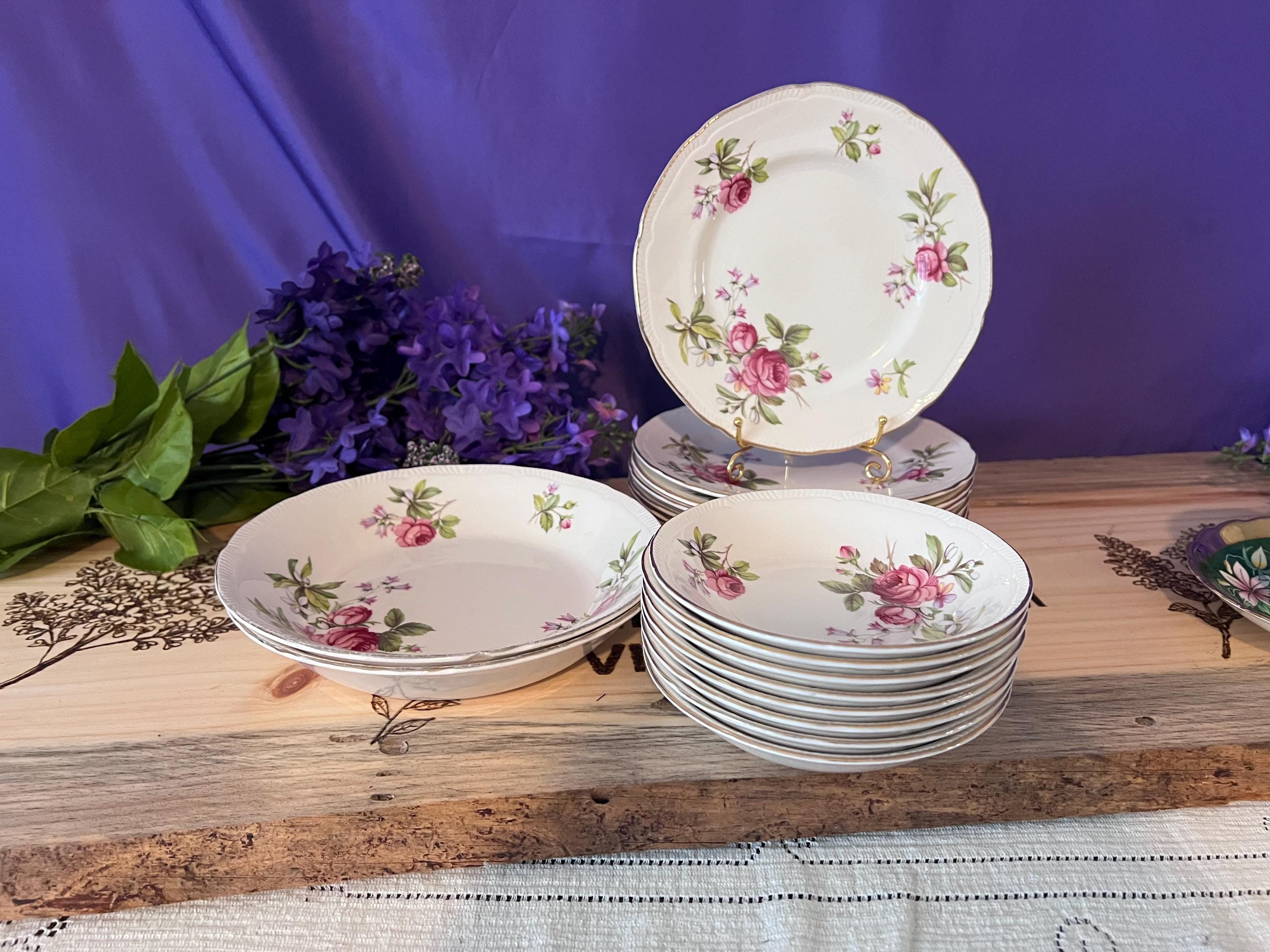 Vintage Ridgway Summer Glory Ironstone Set – Pink Cabbage Rose & Bluebells – Made in Staffordshire England – 22kt Gold Trim