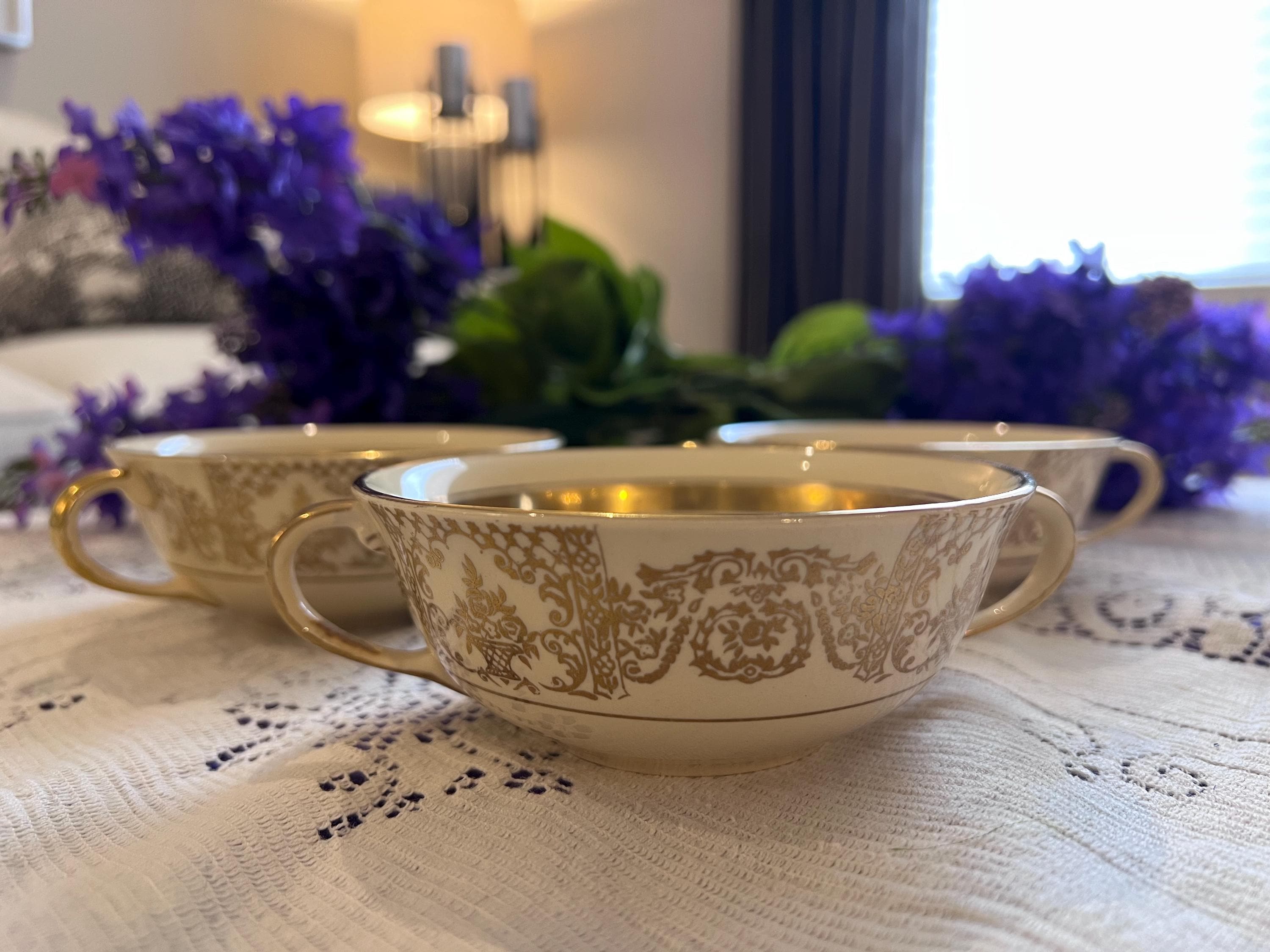 Vintage Johnson Brothers Gold Filigree Bouillon Cups – Set of 3, Neoclassical Tableware