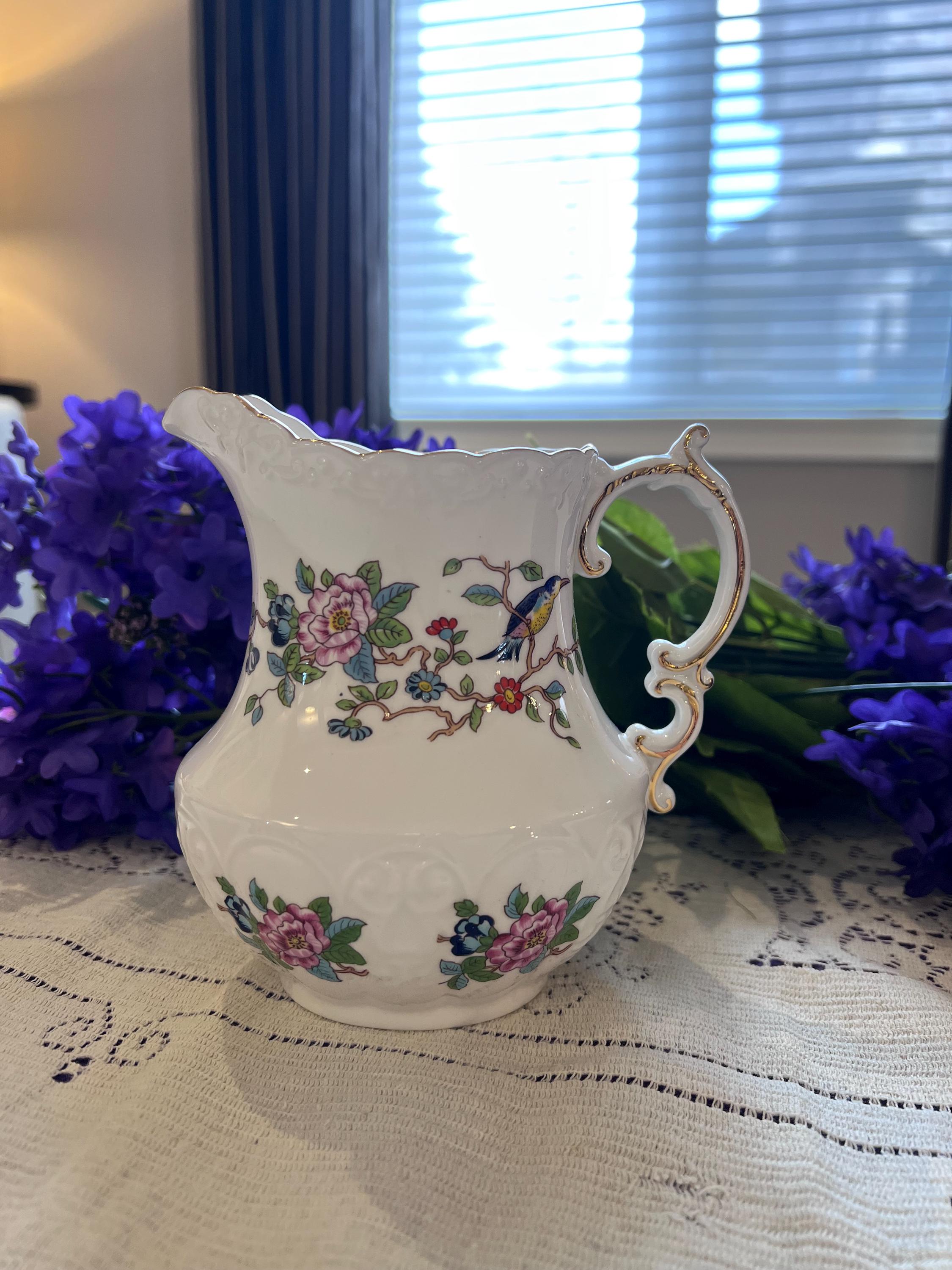 Vintage Aynsley Pembroke Pitcher – Bird Floral Creamer, Gold Trim