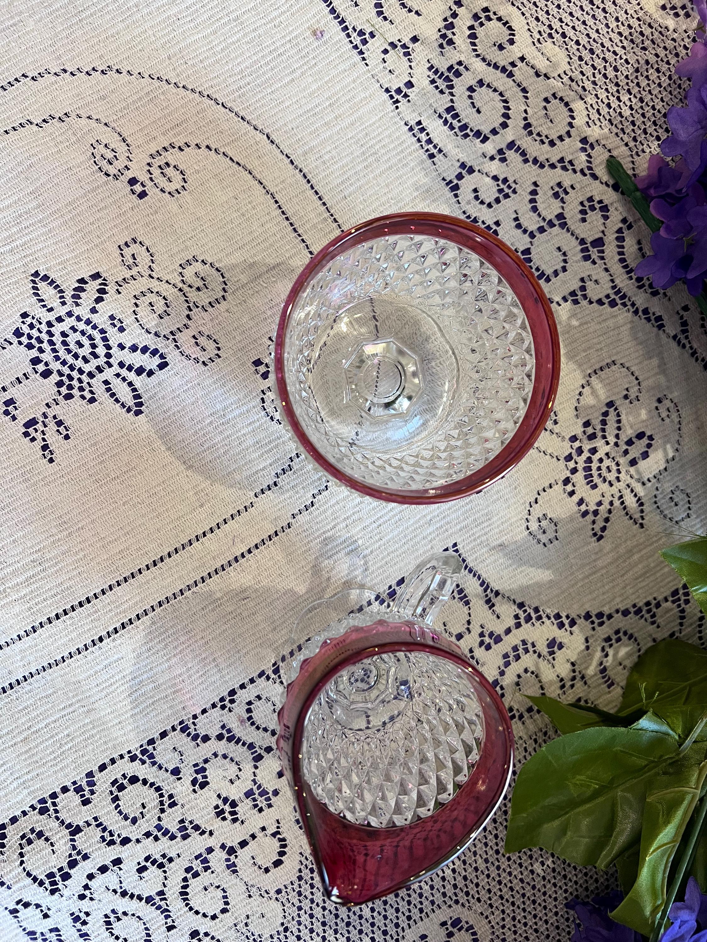 Vintage Indiana Glass Ruby Diamond Point Sugar Bowl Creamer Set | Mid-Century Tableware
