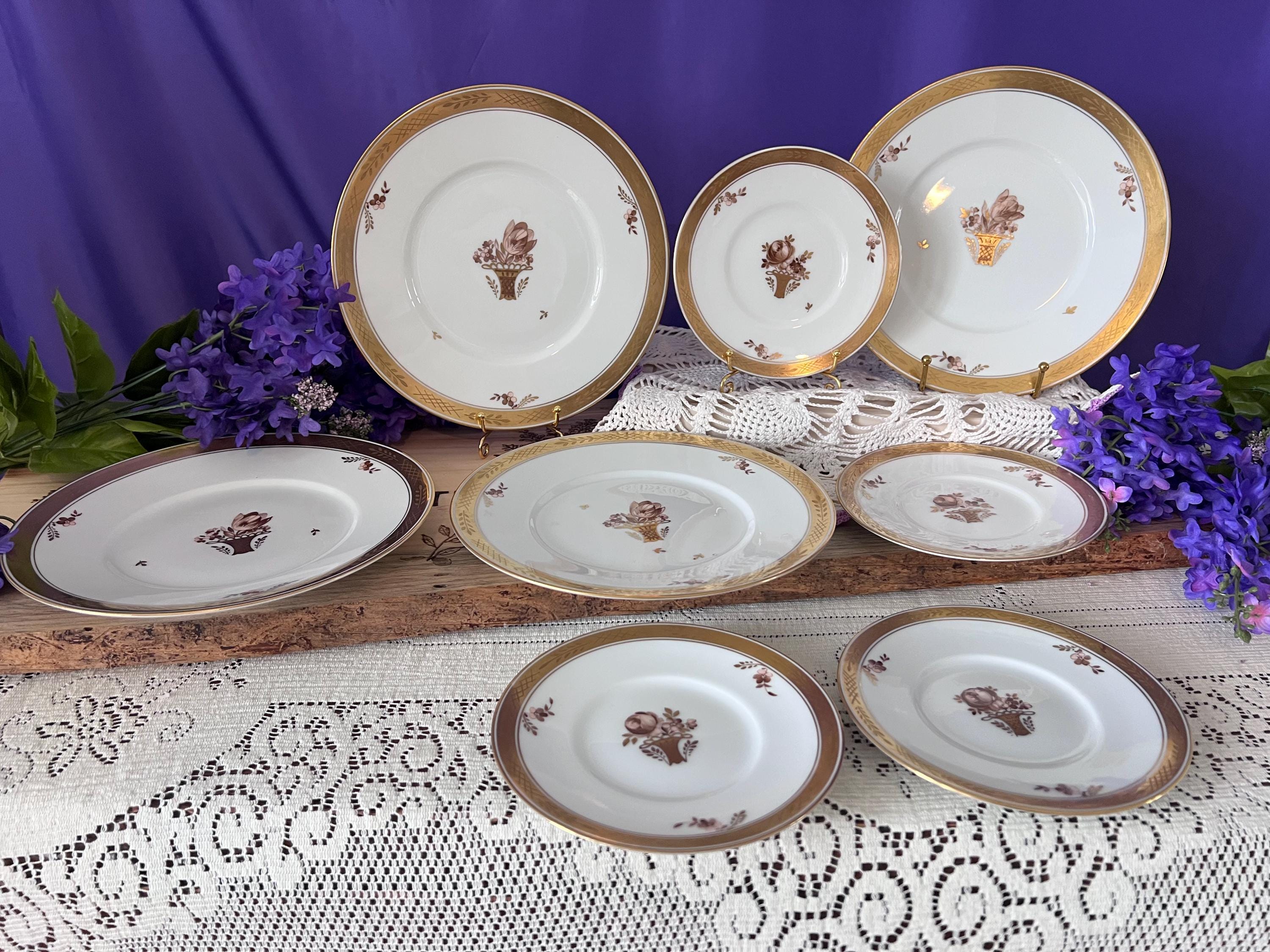 Vintage Royal Copenhagen Porcelain Plates | Set of 8 | Gilded Flower Basket