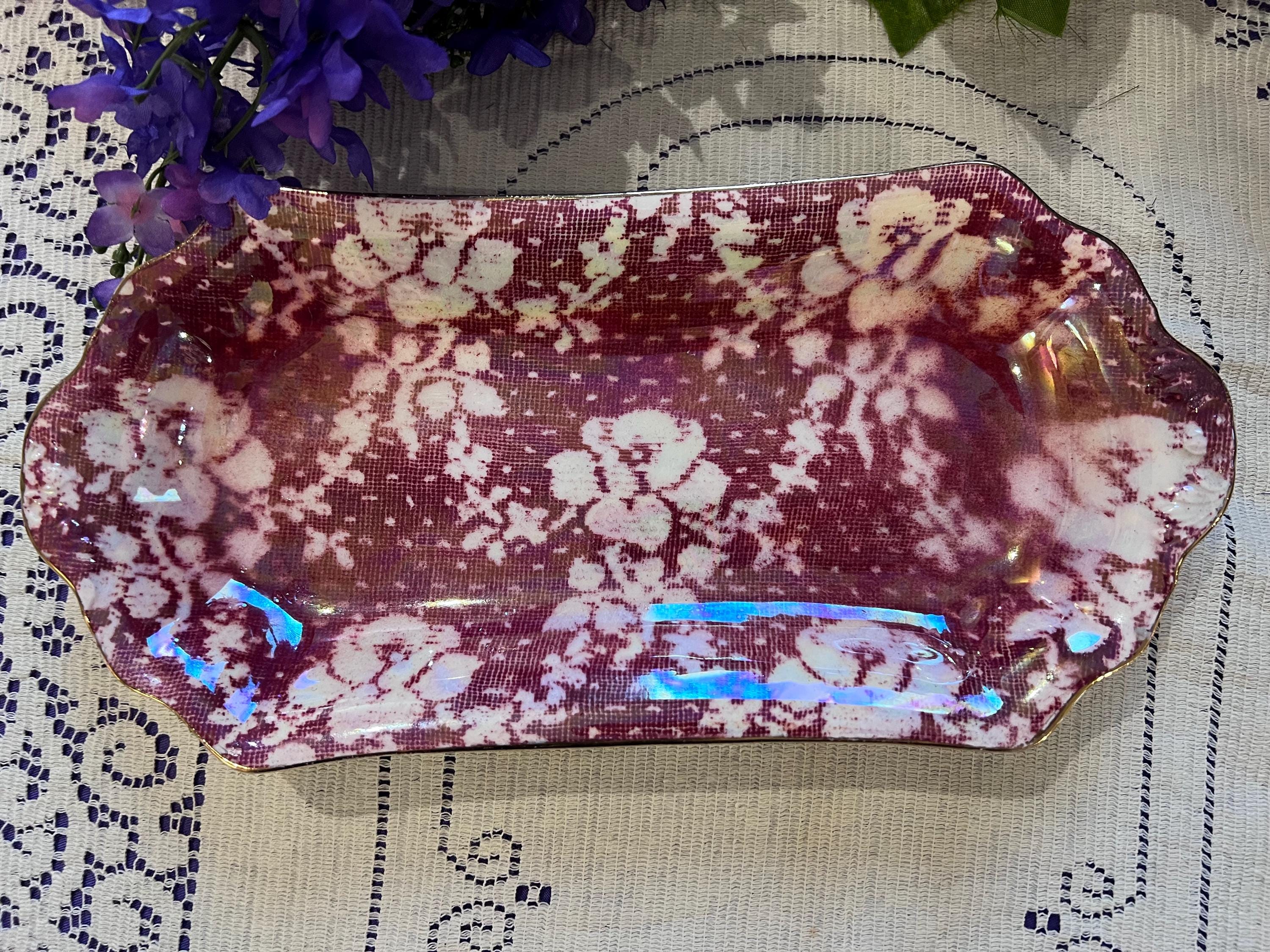 Vintage Royal Winton Maroon Lace Chintz Tray | Iridescent Lusterware Dish Made England