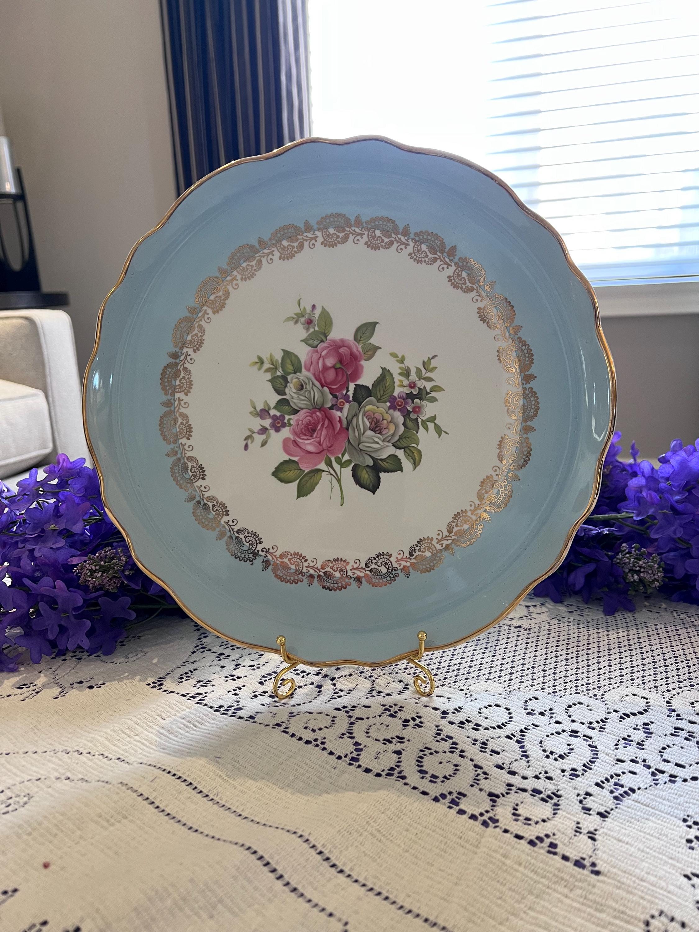 Vintage Old Foley Harmony Rose Cake Plate – Blue Border, Gold Filigree, Scalloped Serving Platter