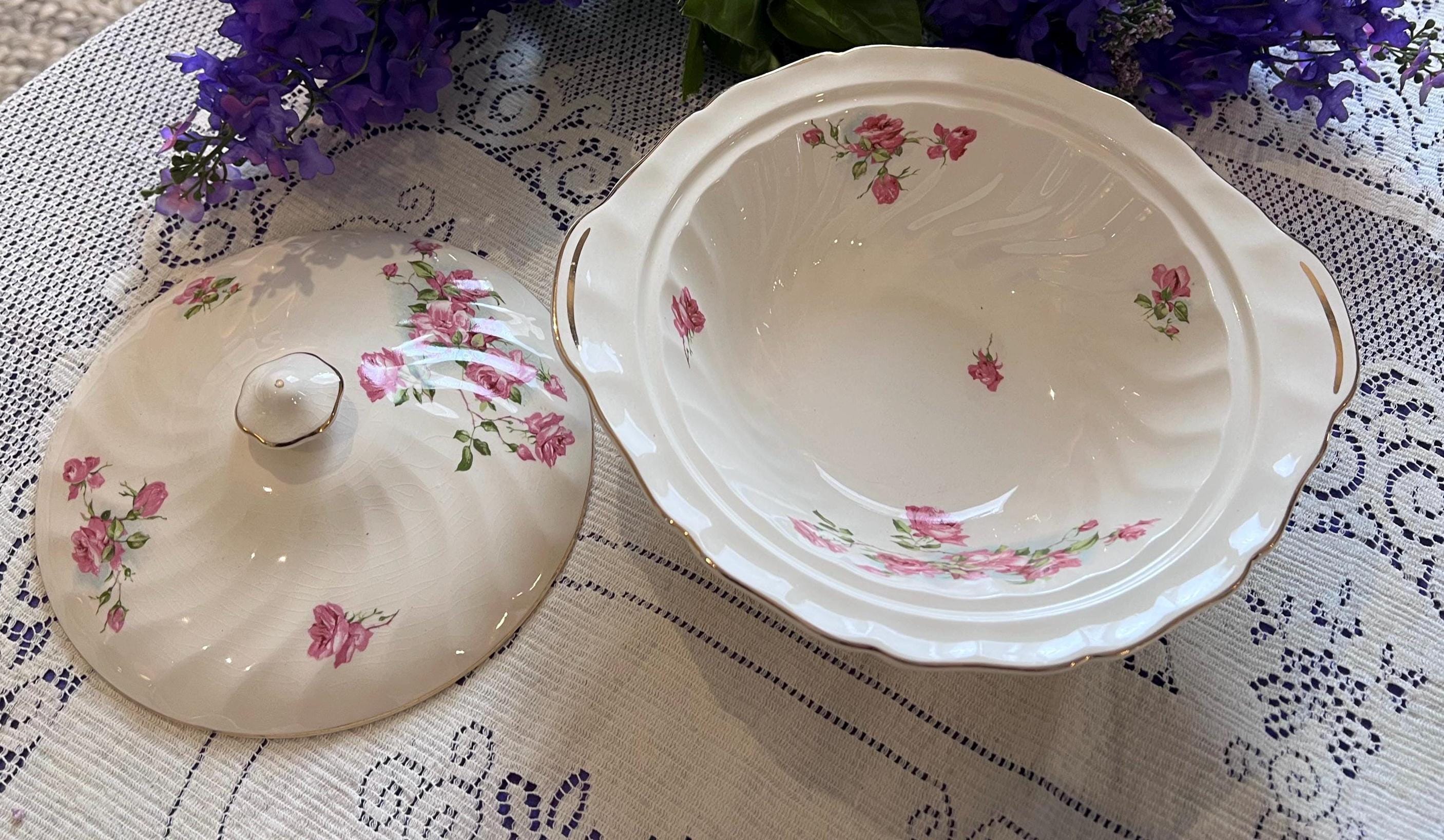 Antique Johnson Bros Old Chelsea Serving Set – Pink Rosebud Tureen, Platter, Gravy Boat