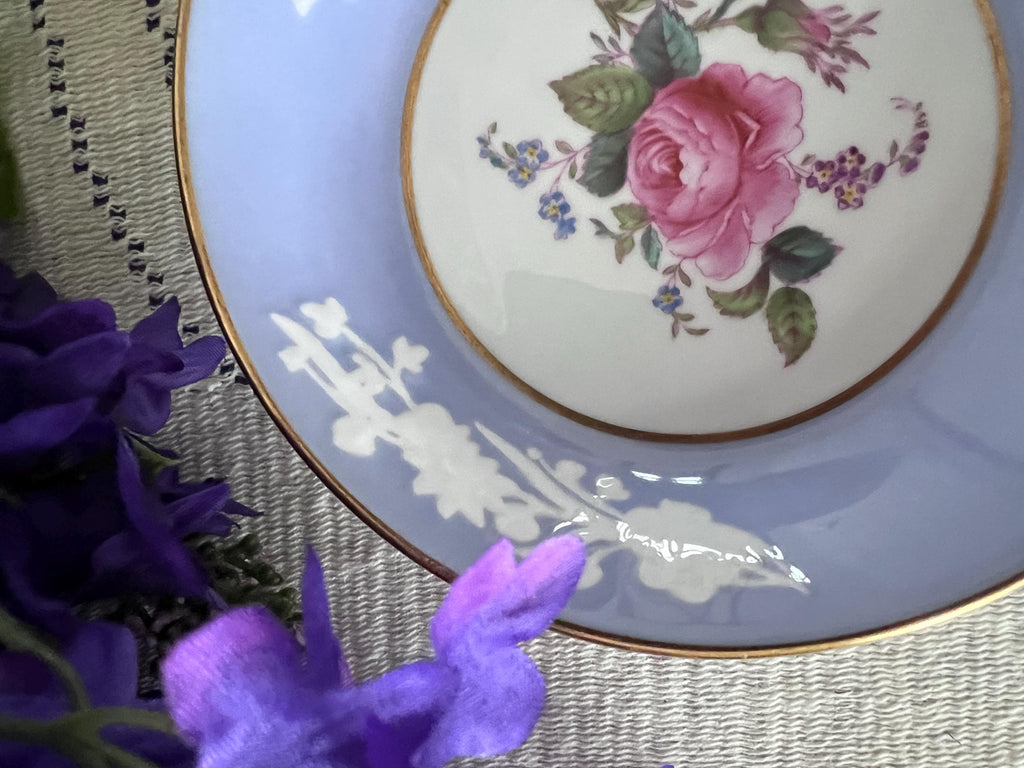 Pristine Spode Copeland "Maritime Rose" Dessert Service | Rare Periwinkle & Jewel-Embossed Fine Bone China