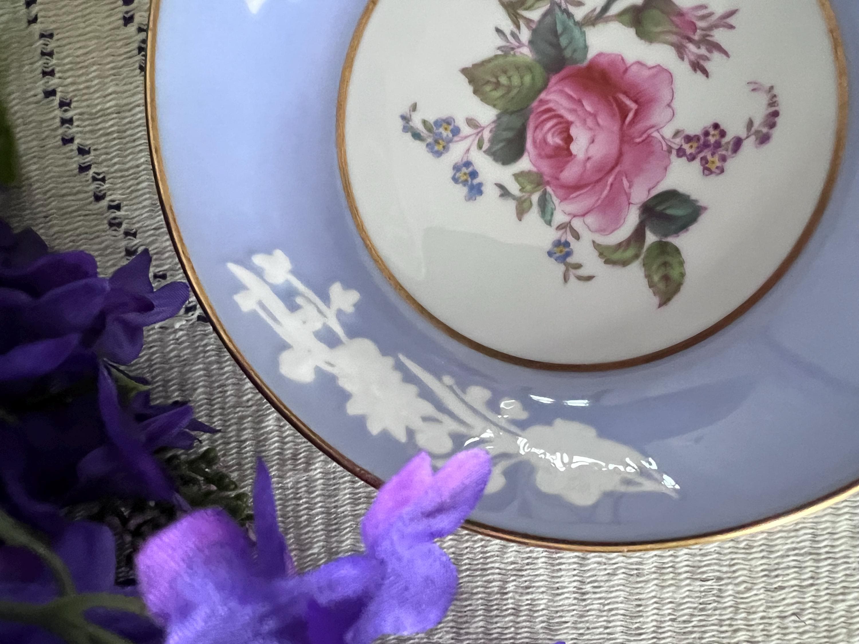 Pristine Spode Copeland "Maritime Rose" Dessert Service | Rare Periwinkle & Jewel-Embossed Fine Bone China