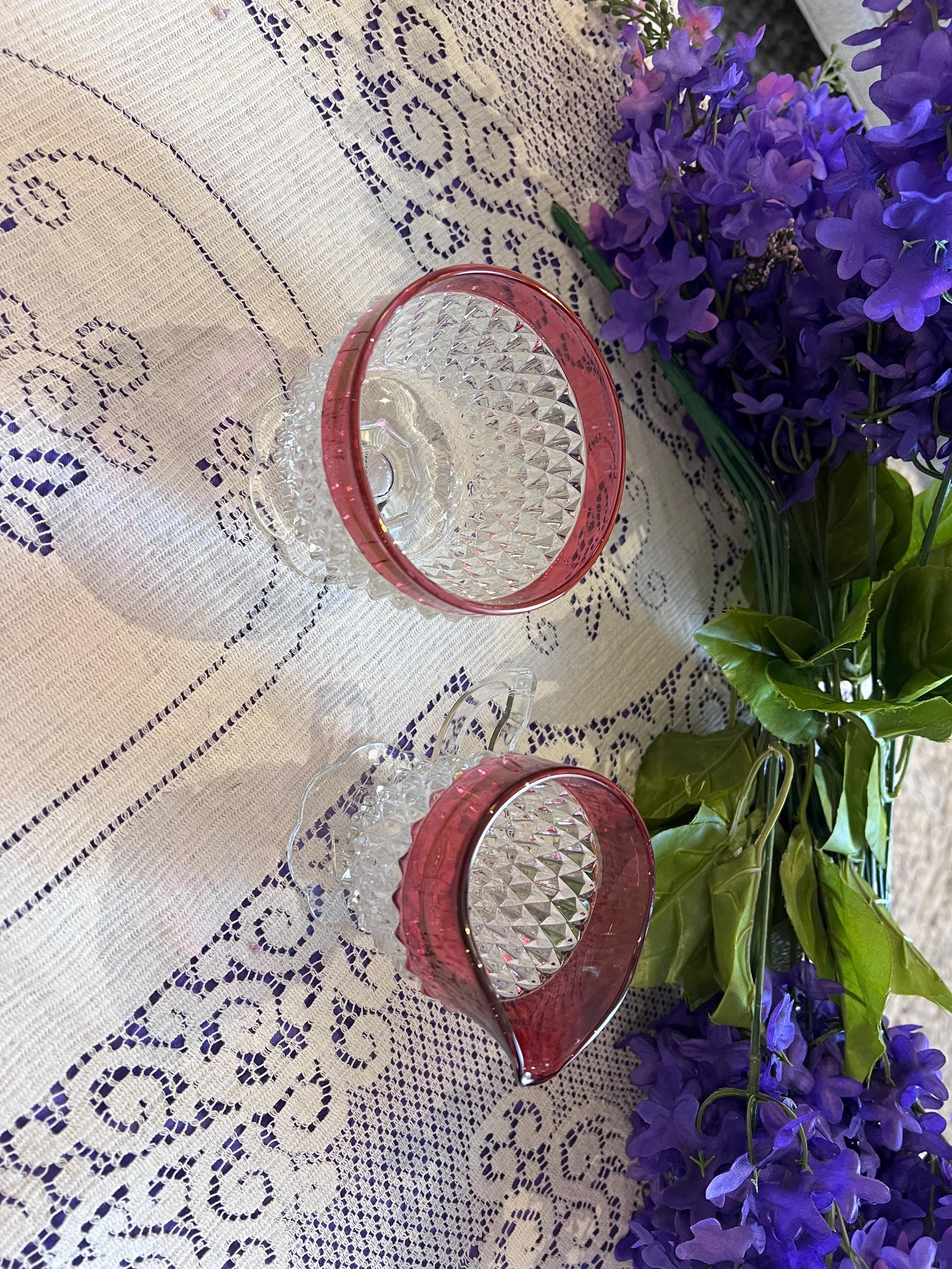 Vintage Indiana Glass Ruby Diamond Point Sugar Bowl Creamer Set | Mid-Century Tableware