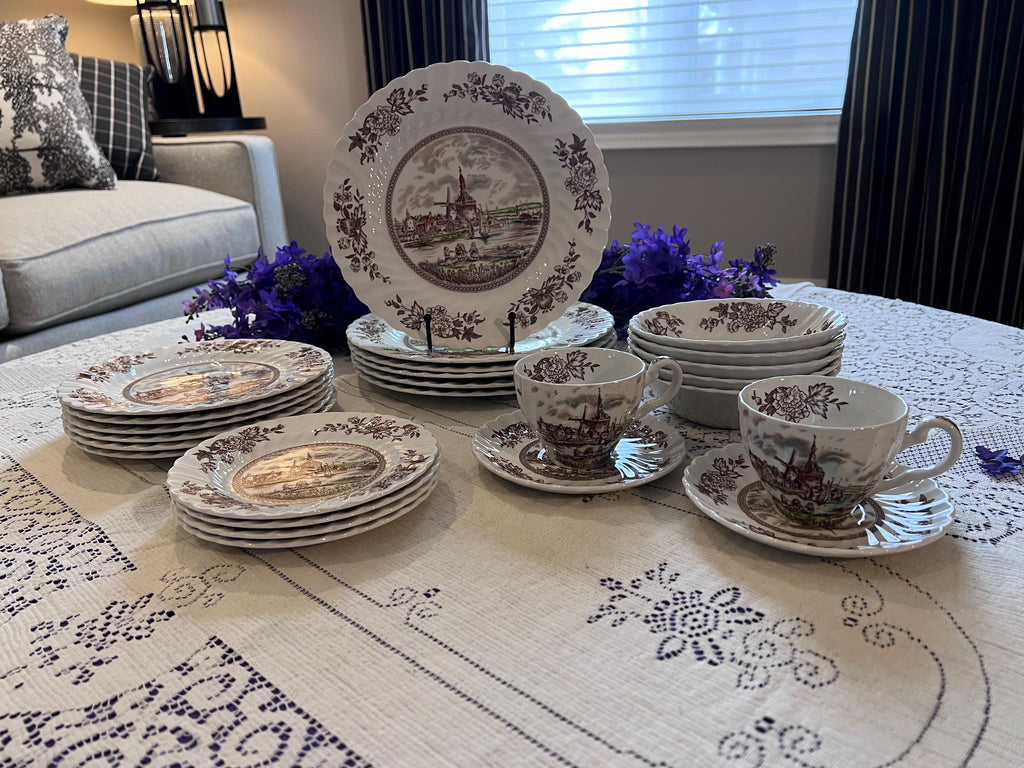 Johnson Brothers Tulip Time Brown Plates, Bowls, Cups Saucers | Made England