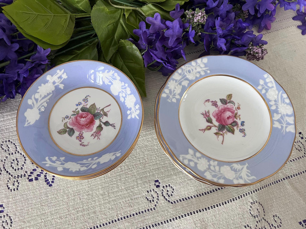 Pristine Spode Copeland "Maritime Rose" Dessert Service | Rare Periwinkle & Jewel-Embossed Fine Bone China