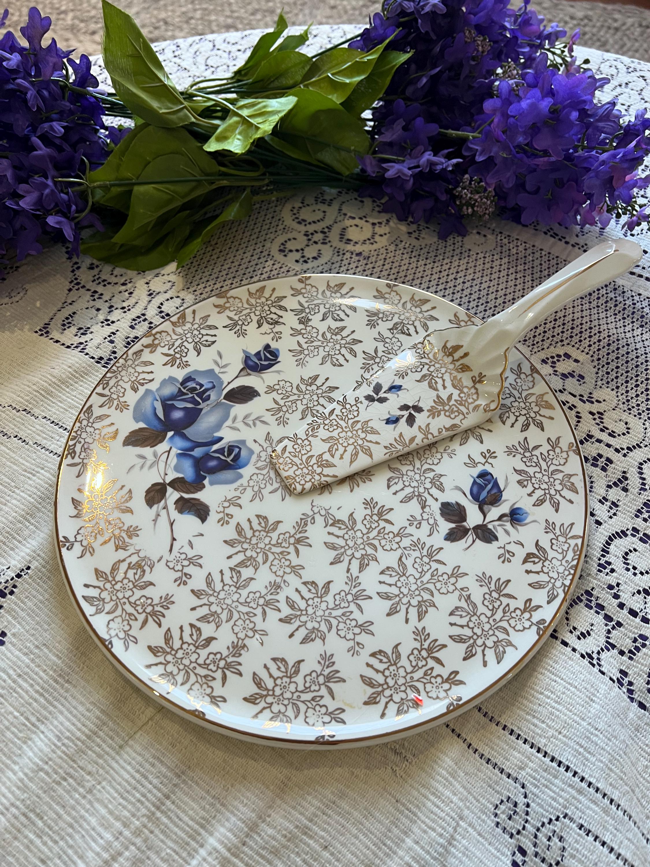 Vintage H. Aynsley Blue Rose Chintz Cake Plate Server Set | Staffordshire England 1950s