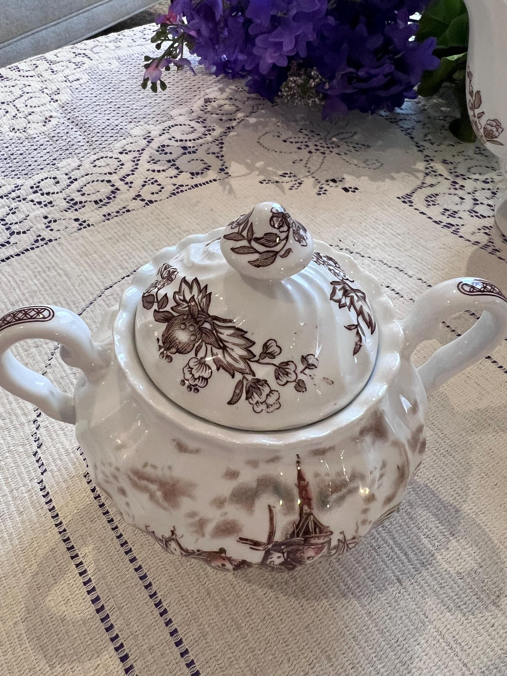 Rare Johnson Brothers Tulip Time Teapot Set | Brown Transferware, Made in England