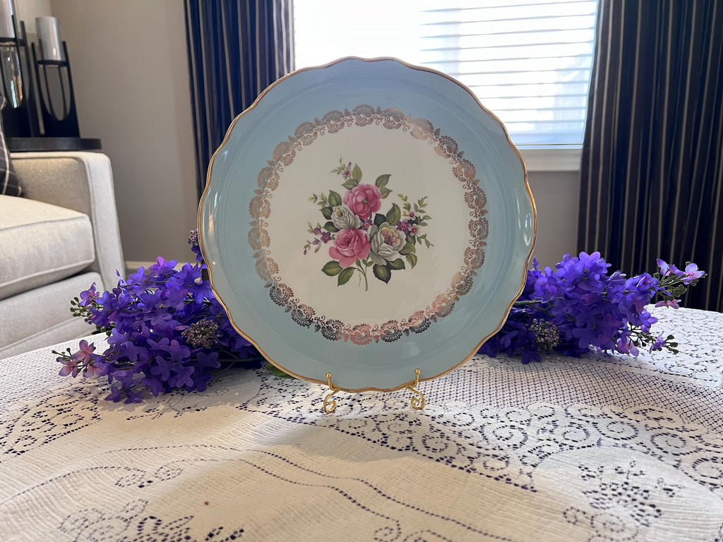 Vintage Old Foley Harmony Rose Cake Plate – Blue Border, Gold Filigree, Scalloped Serving Platter