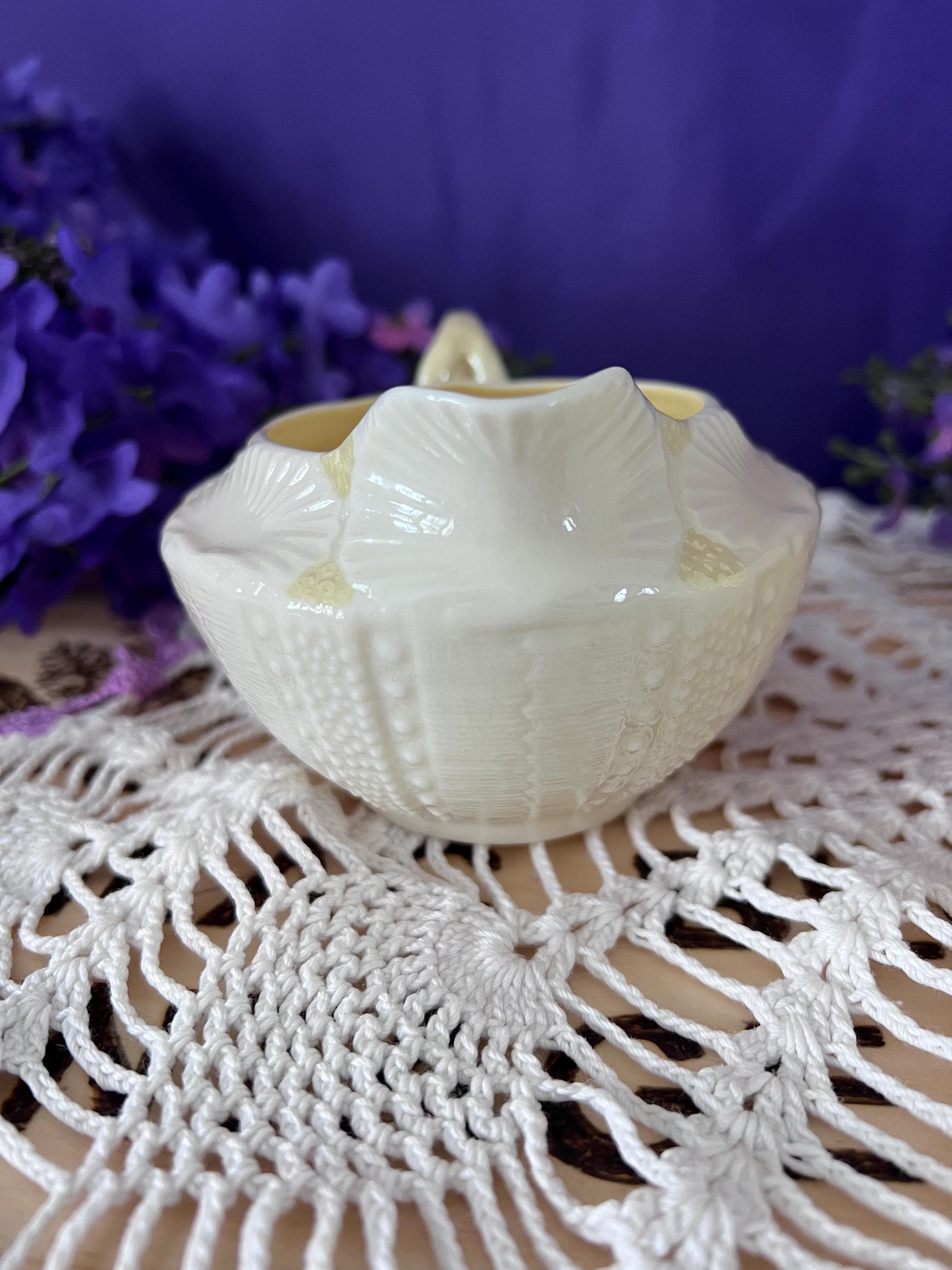 Vintage Belleek Ireland Tridacna Creamer and Sugar Set - 6th Green Mark 1965-1980 - Irish Parian China Shell Pattern - Yellow Lustre Trim